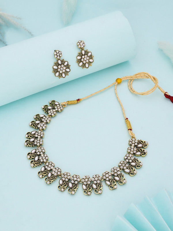 Tehzeeb Creations Luxurious Gold Polished White Colour Choker Necklace Set With Matching Earrings Tehzeeb Creations