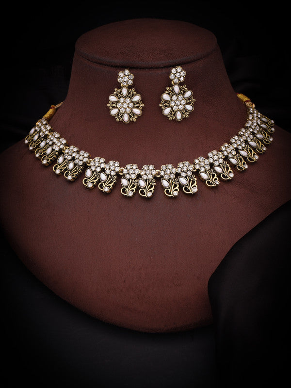 Tehzeeb Creations Luxurious Gold Polished White Colour Choker Necklace Set With Matching Earrings Tehzeeb Creations