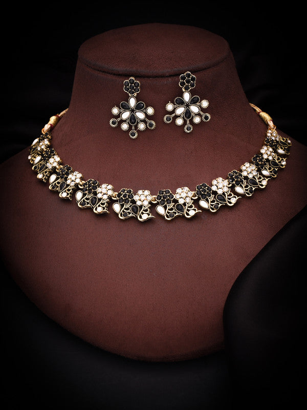 Tehzeeb Creations Luxurious Gold Polished Black &White Colour Choker Necklace Set With Matching Earrings Tehzeeb Creations