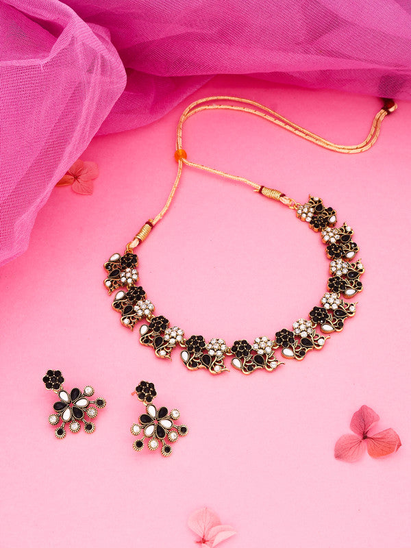 Tehzeeb Creations Luxurious Gold Polished Black &White Colour Choker Necklace Set With Matching Earrings Tehzeeb Creations