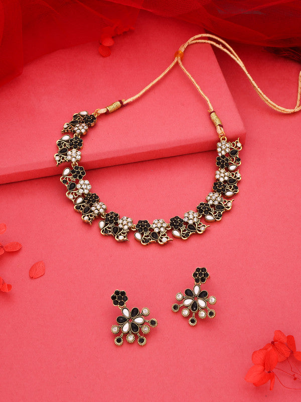 Tehzeeb Creations Luxurious Gold Polished Black &White Colour Choker Necklace Set With Matching Earrings Tehzeeb Creations