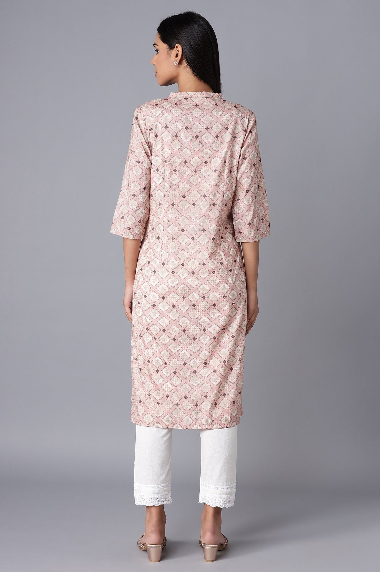 W for Woman Pink Printed kurta with Embroidery