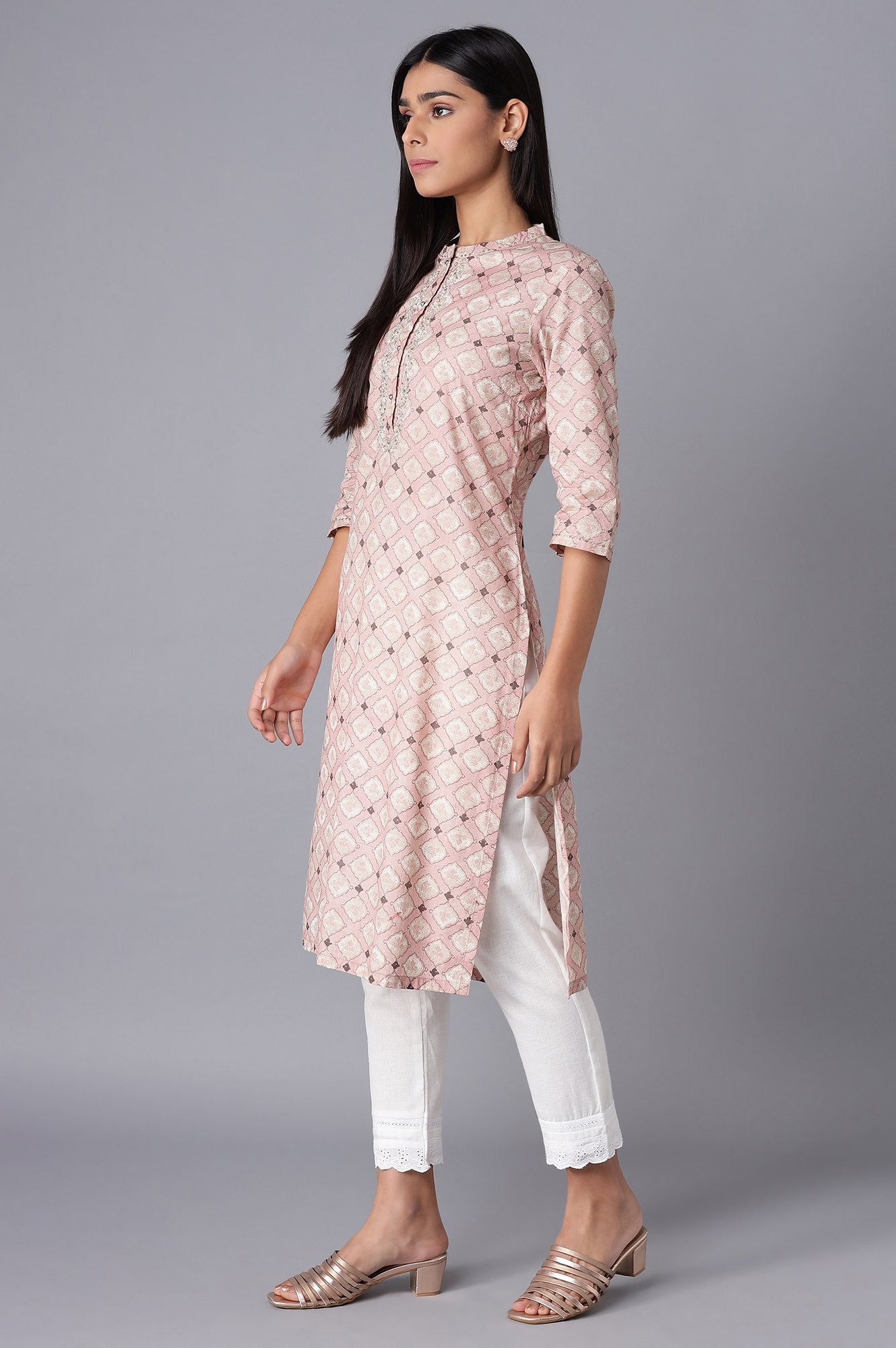 W for Woman Pink Printed kurta with Embroidery