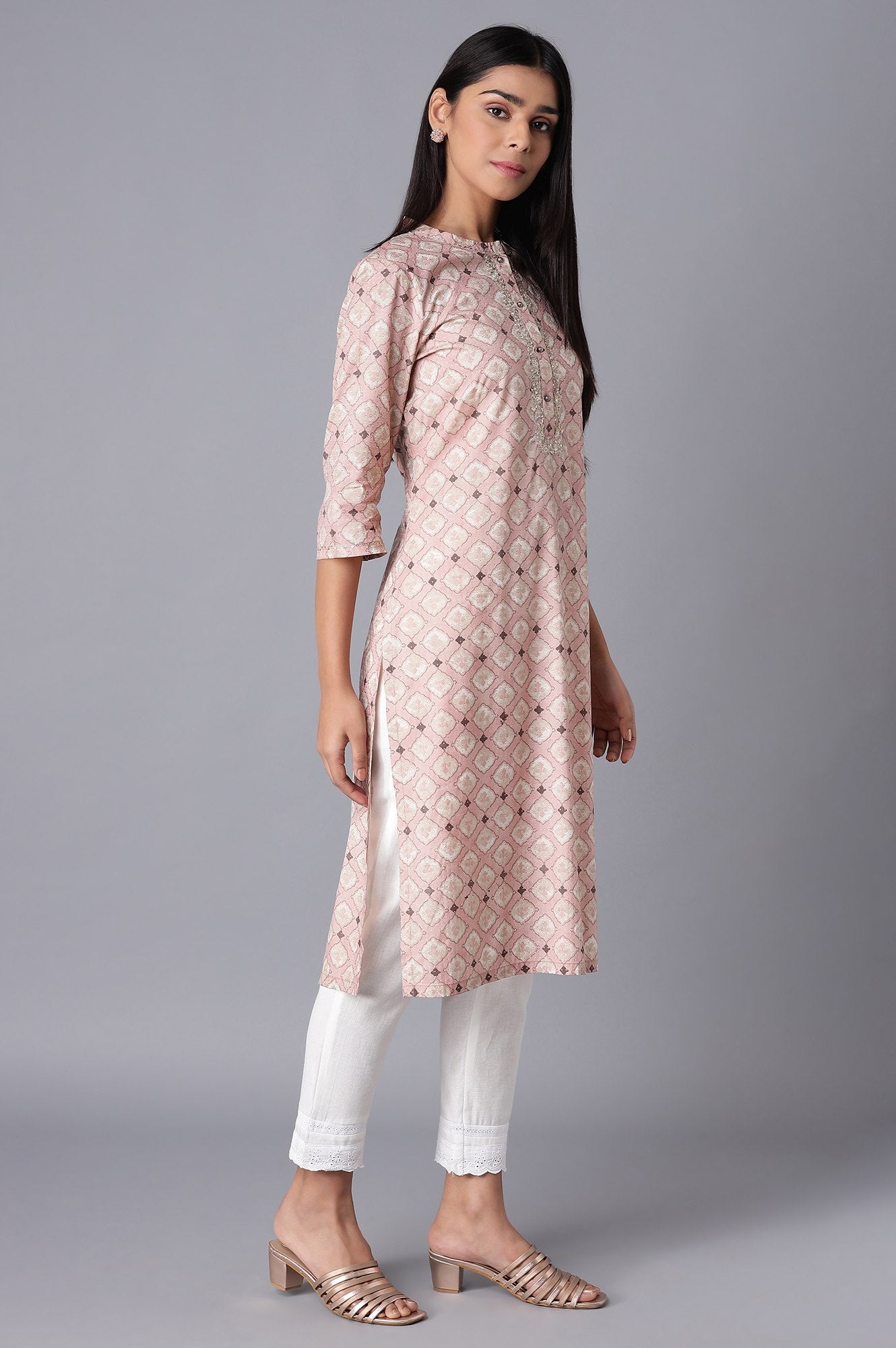 W for Woman Pink Printed kurta with Embroidery