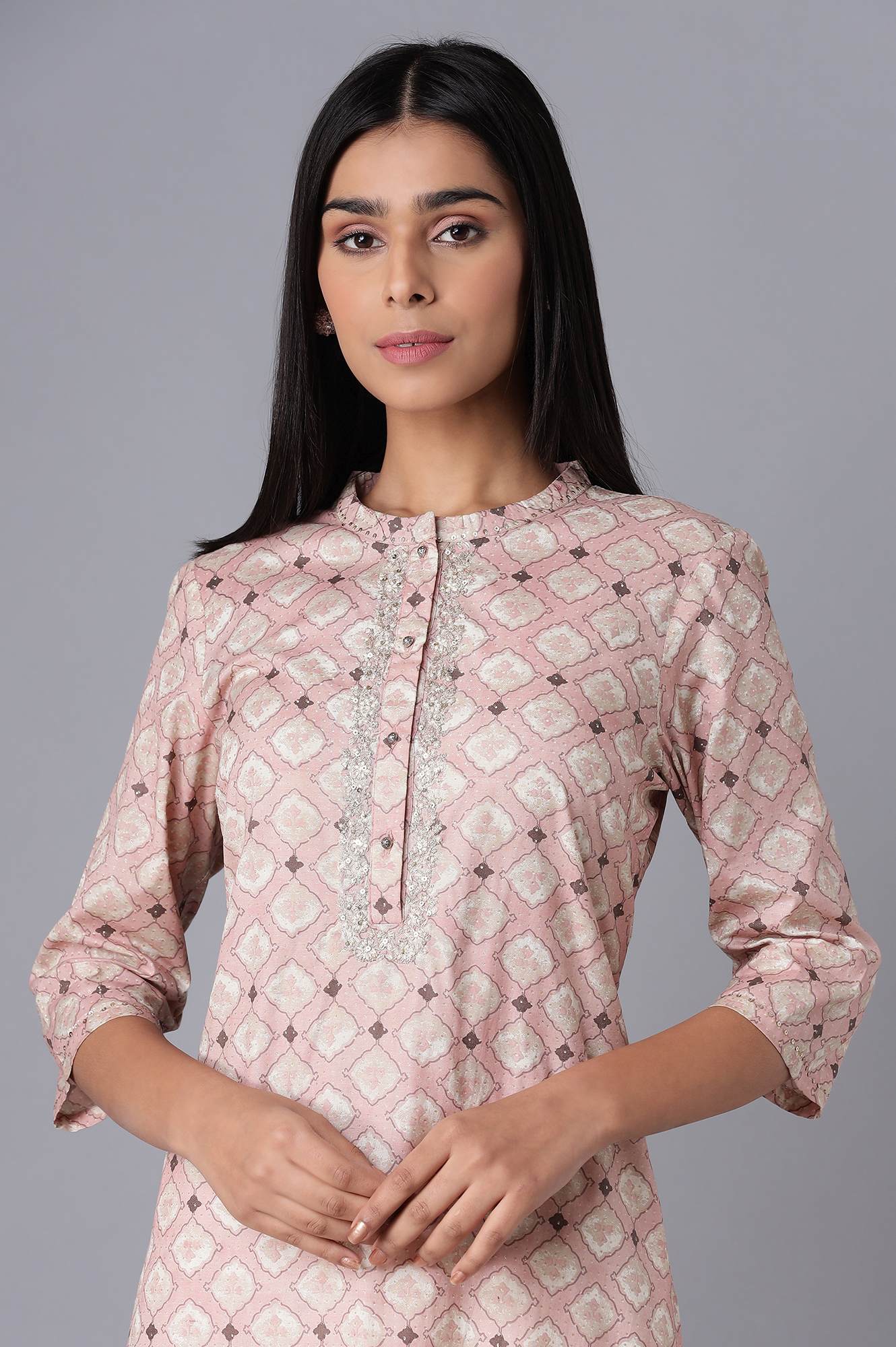 W for Woman Pink Printed kurta with Embroidery