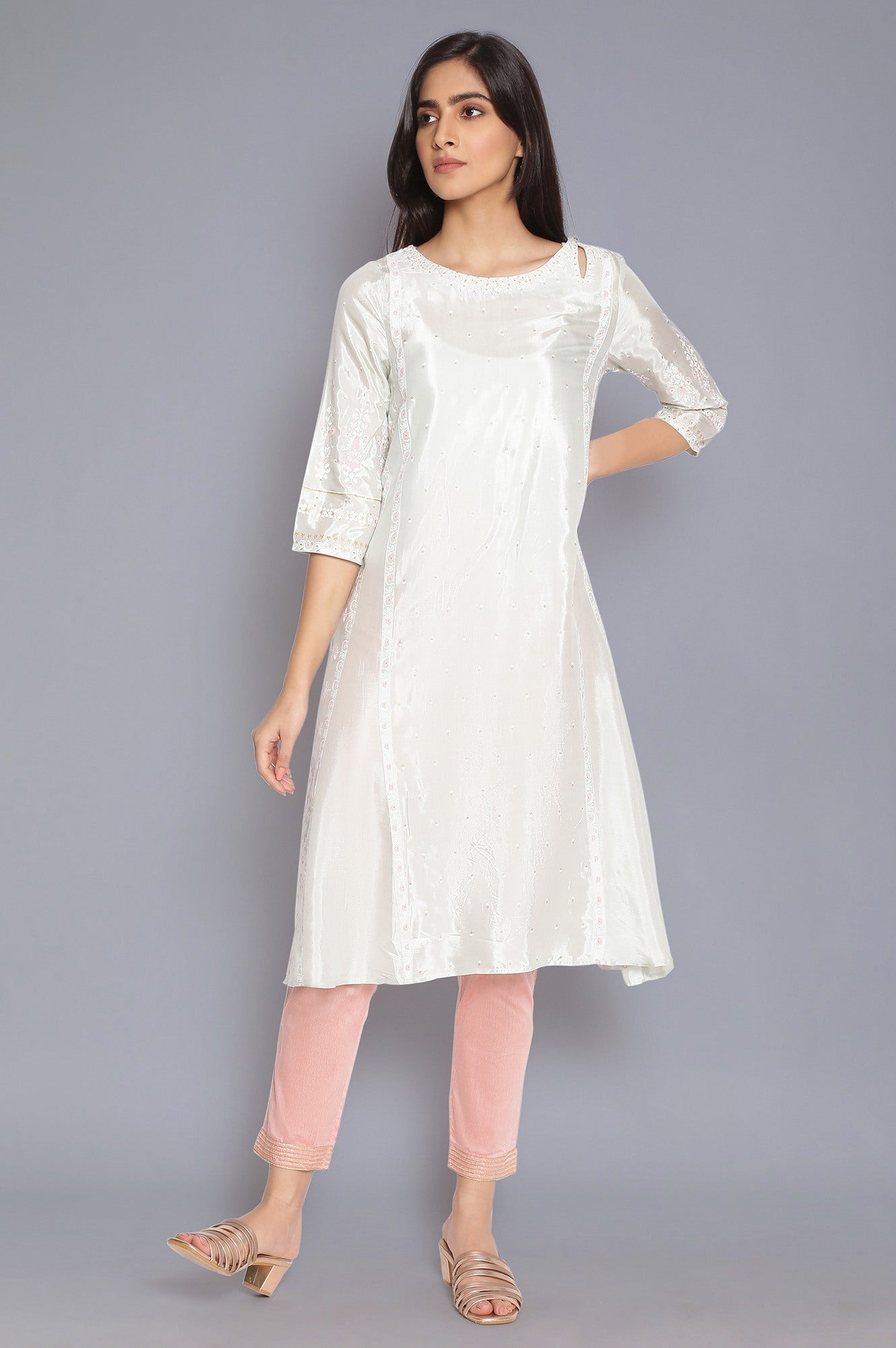 W for Woman Pista Green Printed kurta with Embroidery