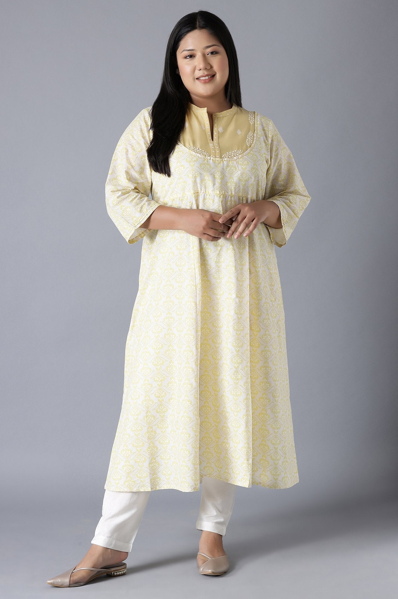 W for Woman Pale Yellow Long Dress with Embroidery