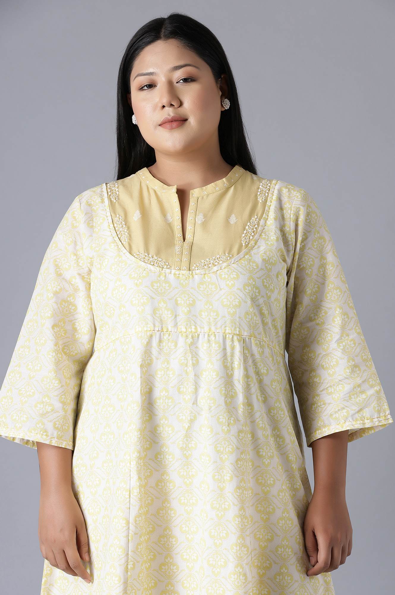 W for Woman Pale Yellow Long Dress with Embroidery