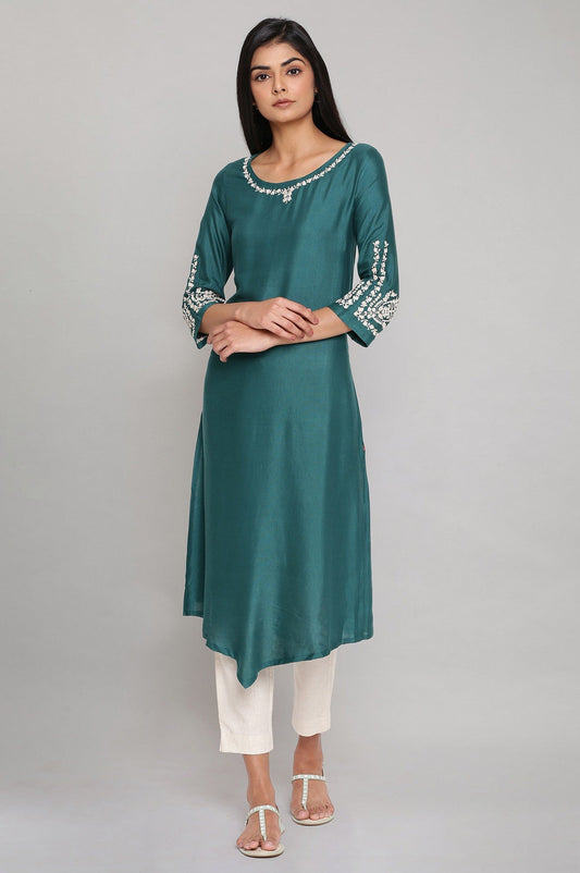 W for Woman Green Embroidered Straight kurta