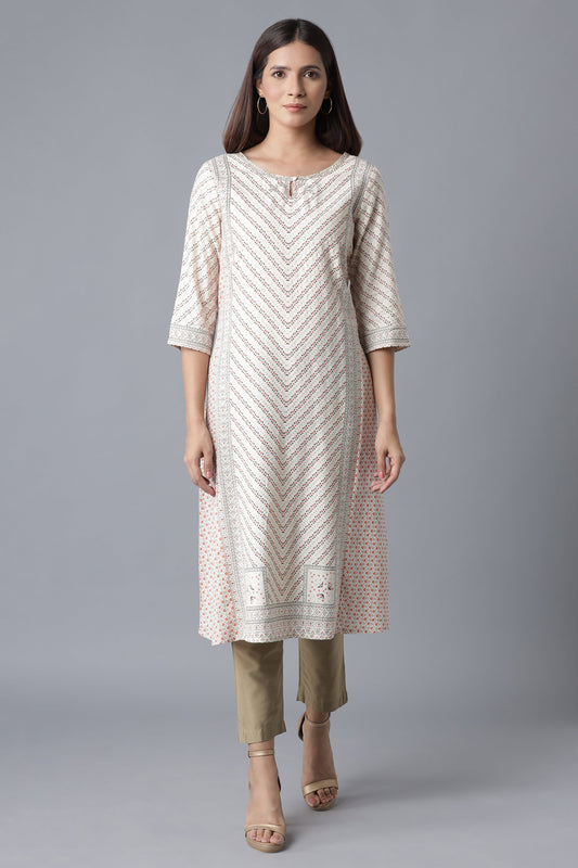 W for Woman Ecru Embroidered A-line kurta