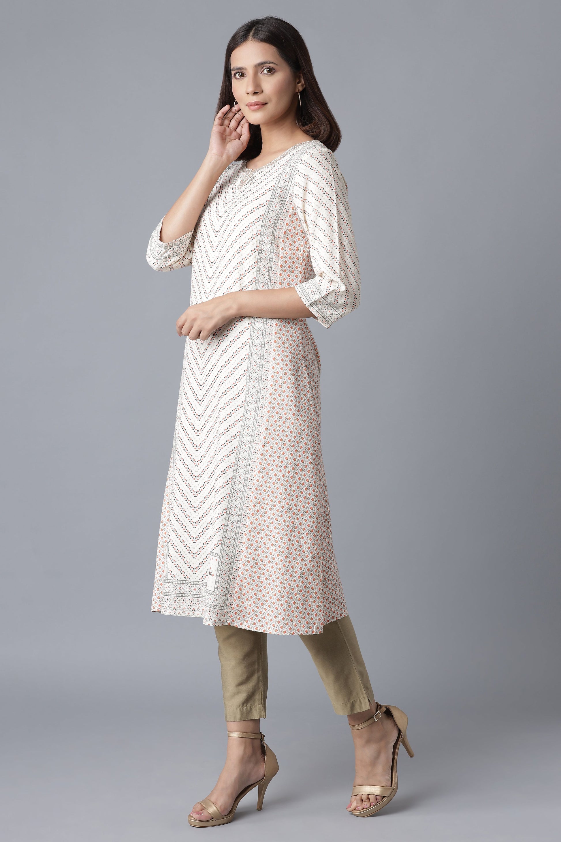 W for Woman Ecru Embroidered A-line kurta