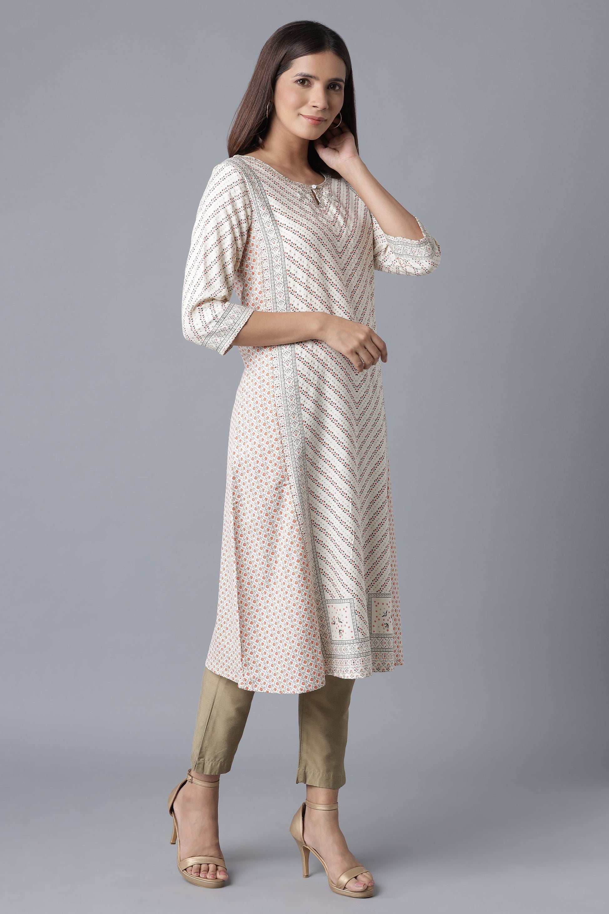 W for Woman Ecru Embroidered A-line kurta