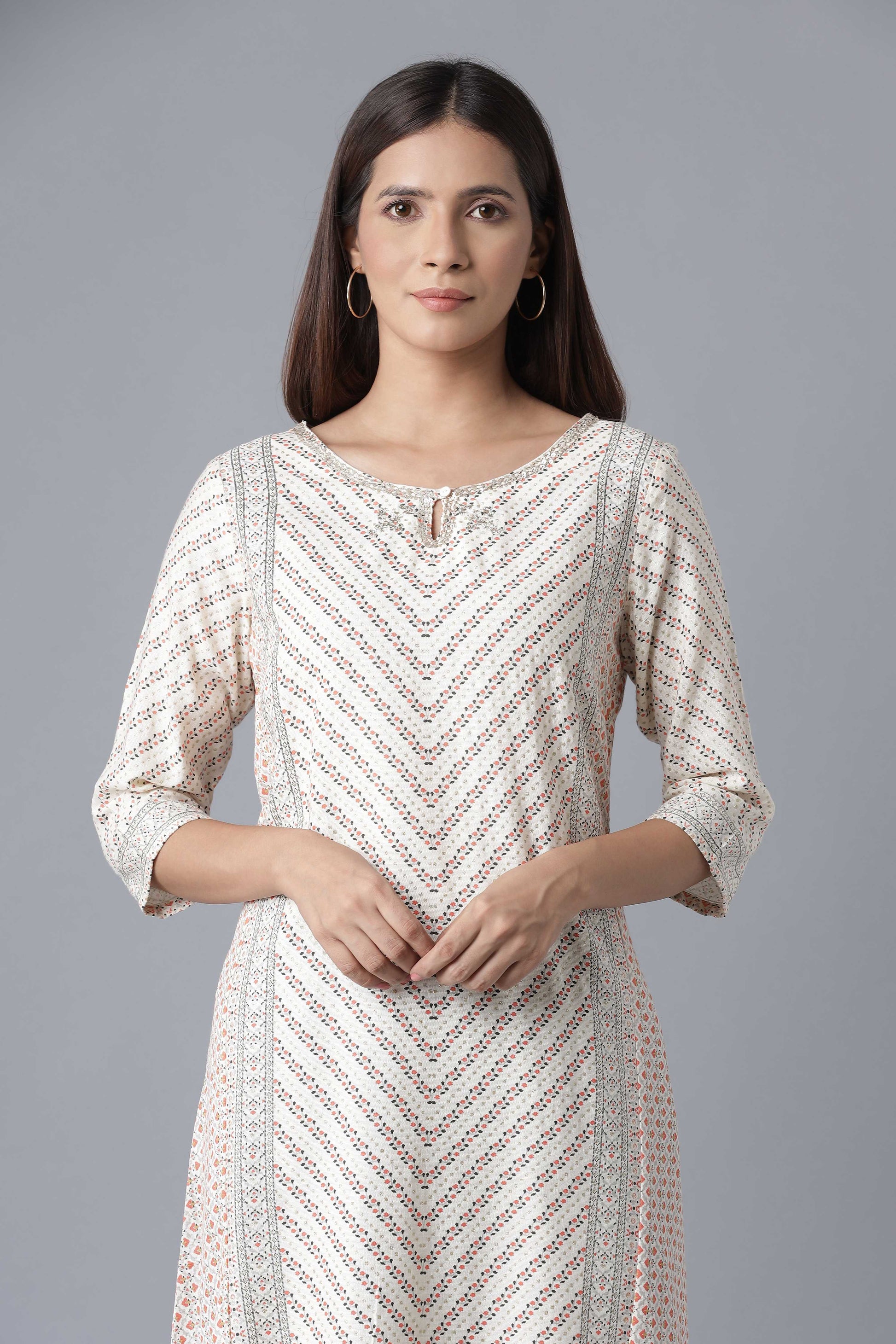 W for Woman Ecru Embroidered A-line kurta