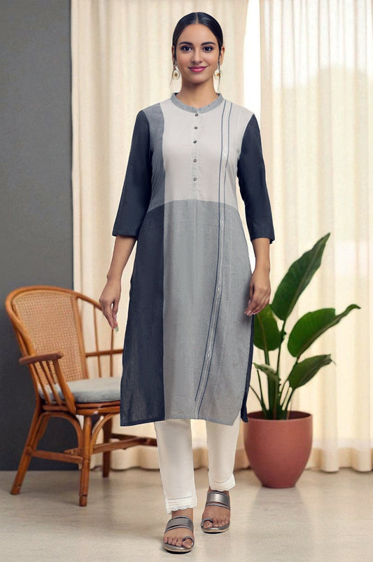 W for Woman Grey Printed Button Down Kurta