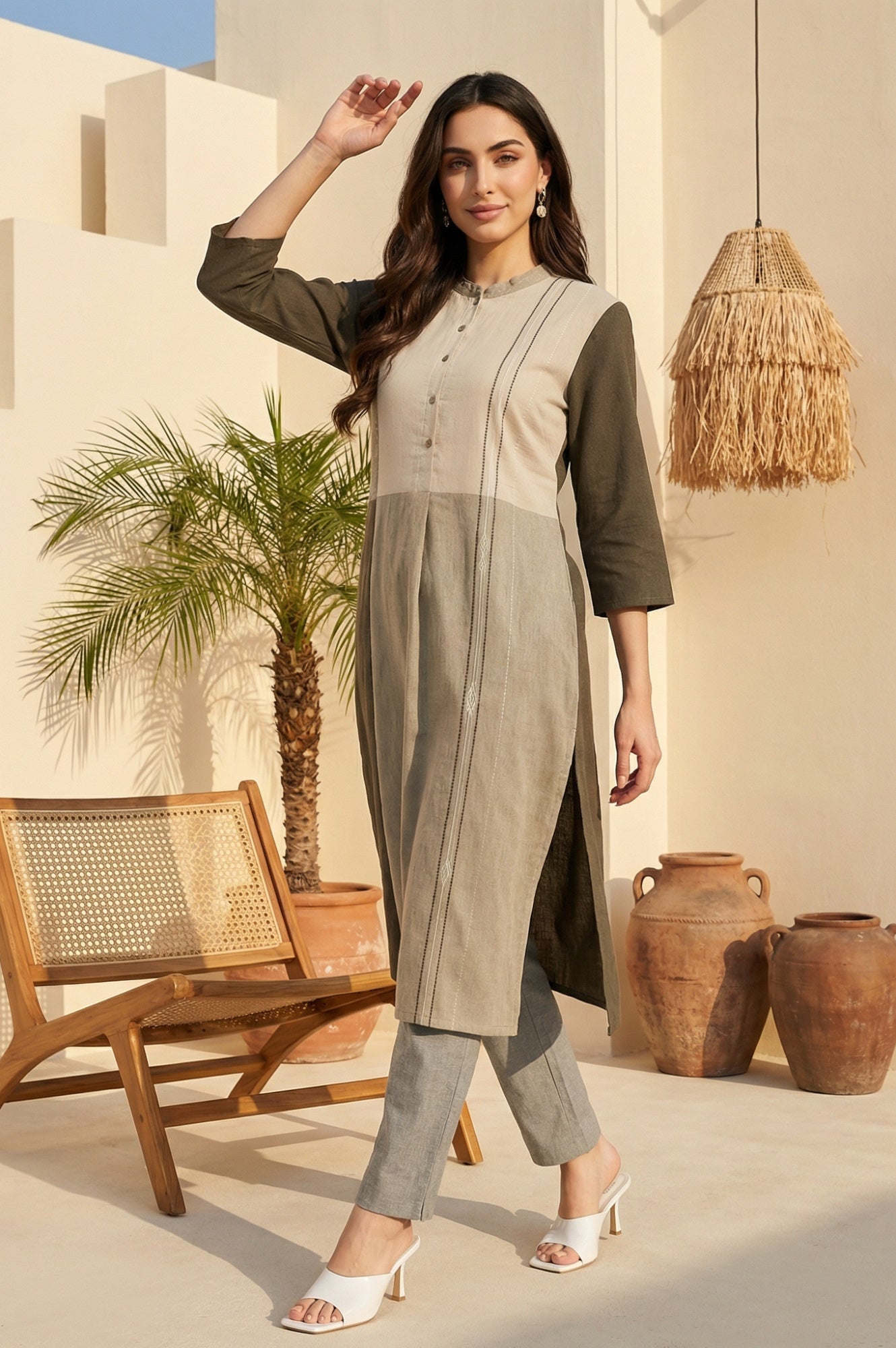 W for Woman Grey Colourblock Button Down Straight Dobby Kurta