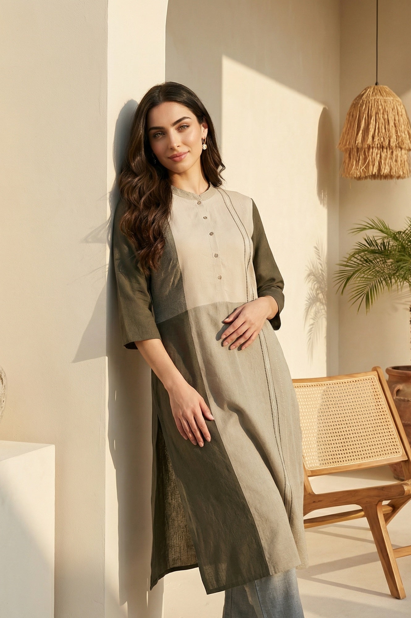 W for Woman Grey Colourblock Button Down Straight Dobby Kurta