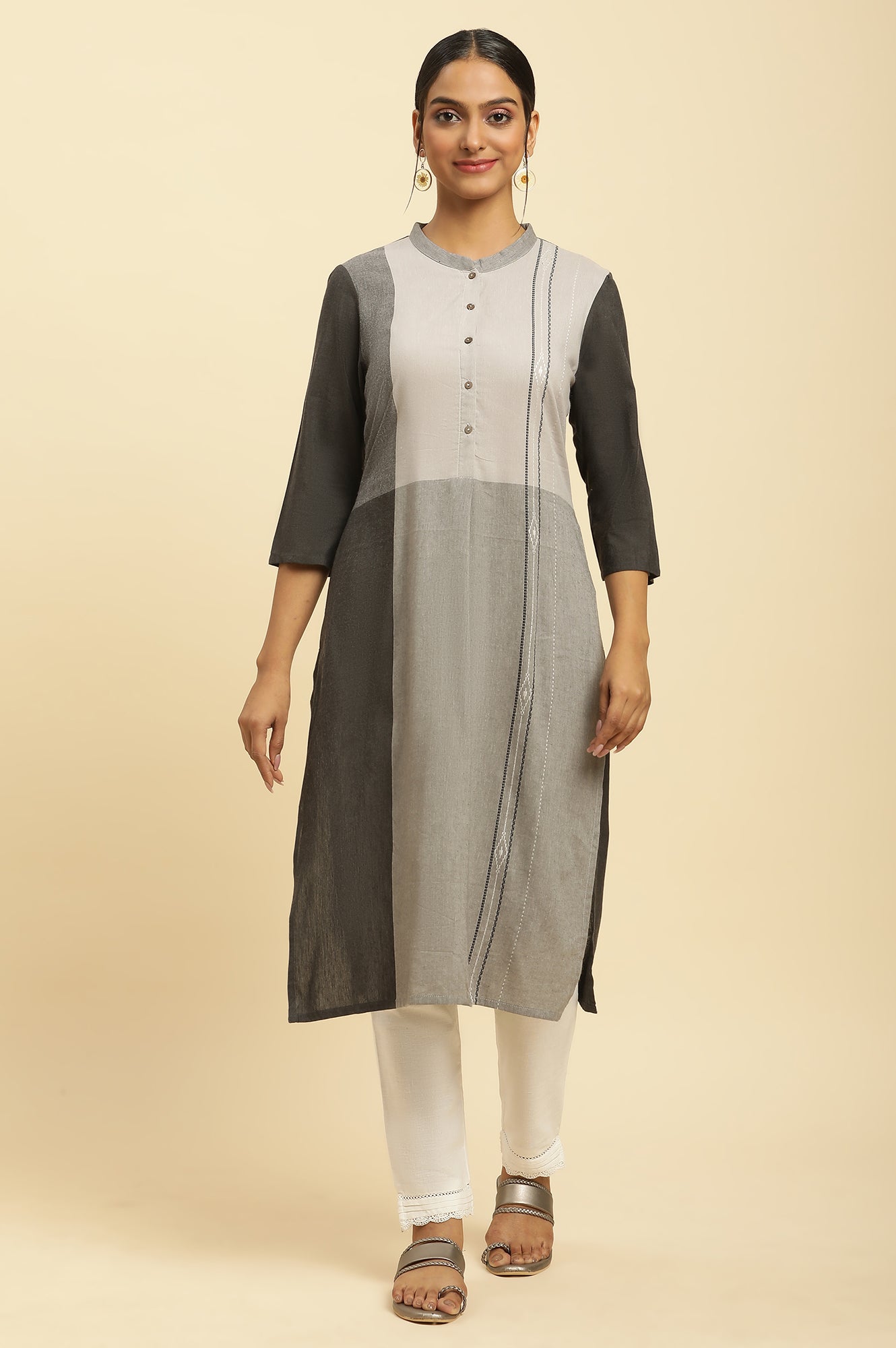 W for Woman Grey Printed Button Down Kurta