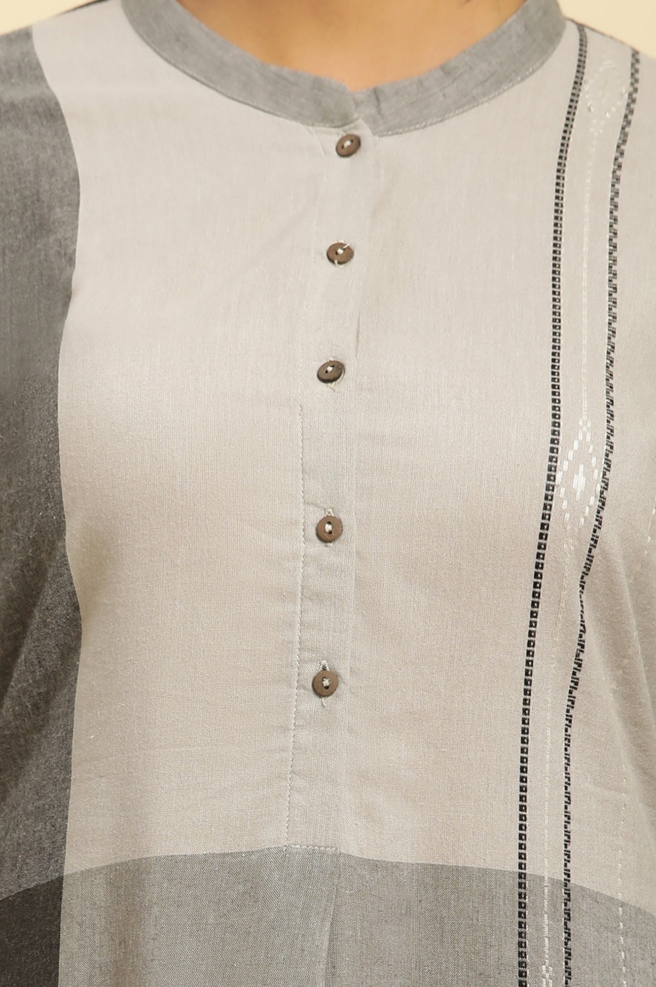 W for Woman Grey Colourblock Button Down Straight Dobby Kurta