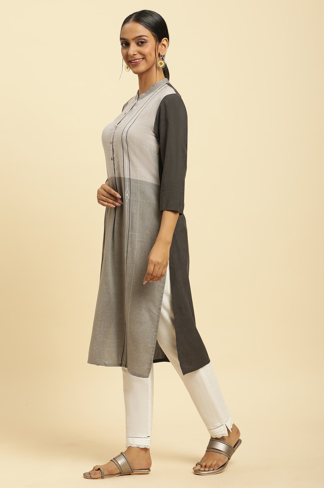 W for Woman Grey Printed Button Down Kurta