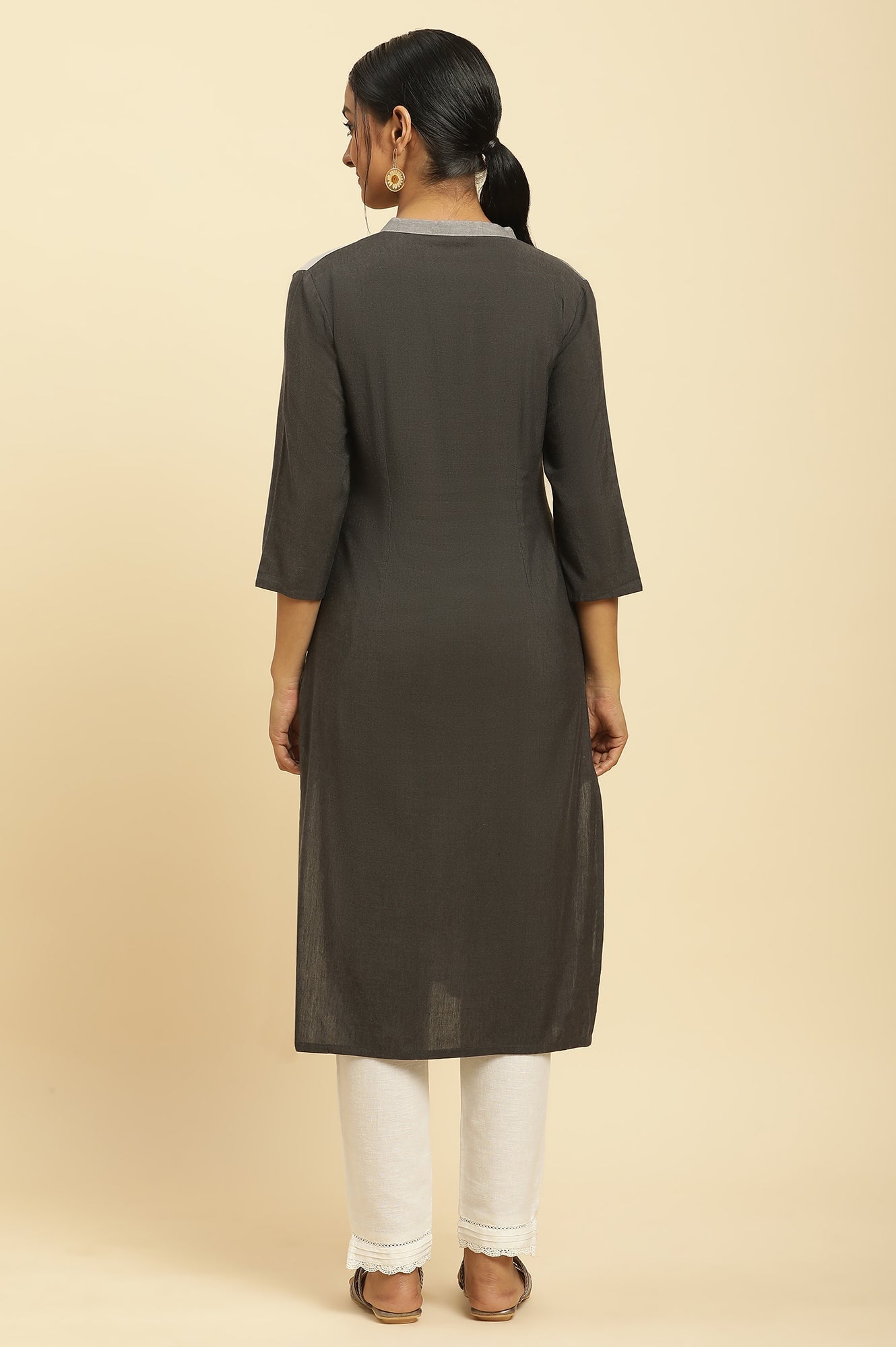 W for Woman Grey Printed Button Down Kurta