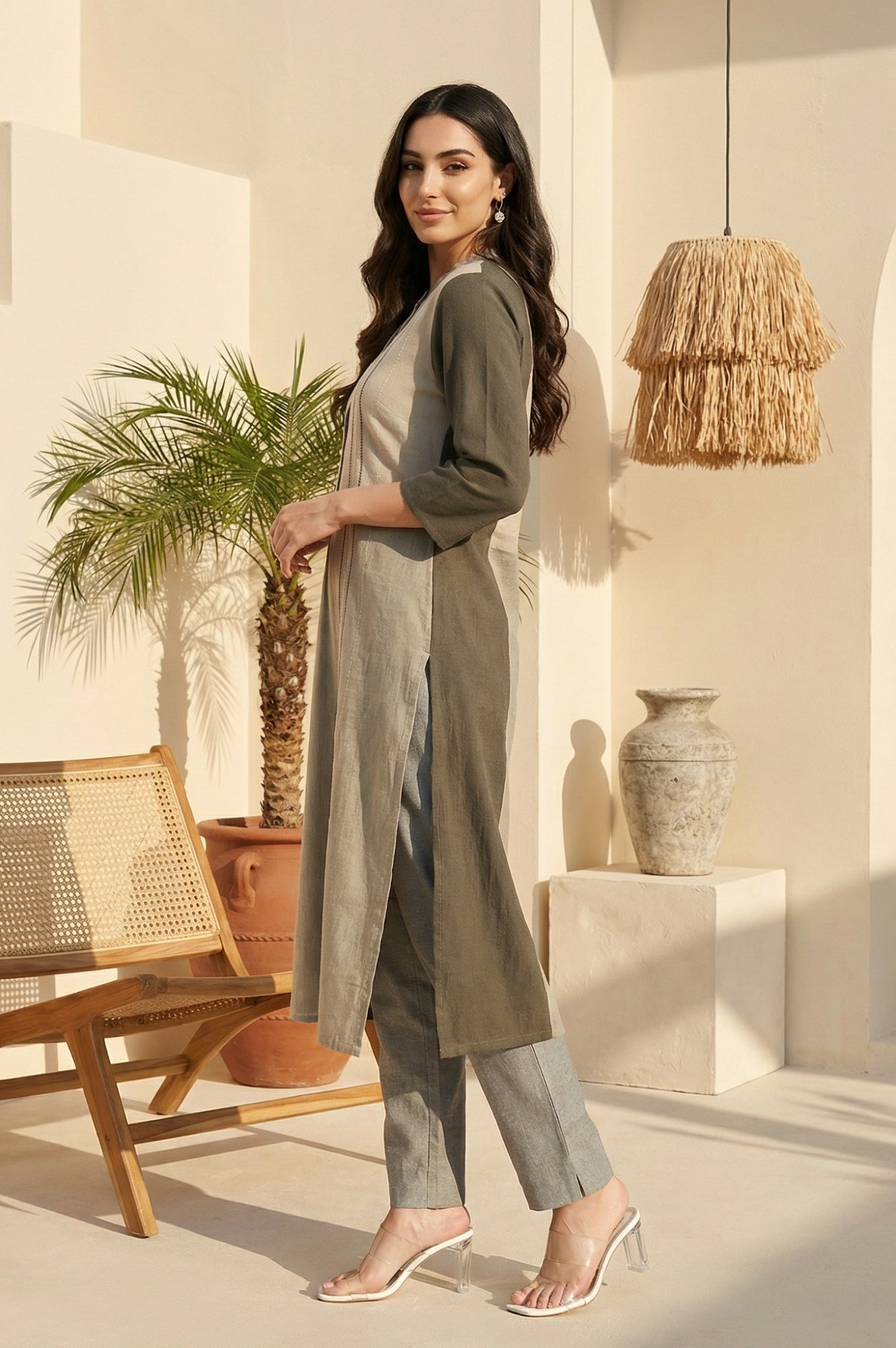 W for Woman Grey Colourblock Button Down Straight Dobby Kurta