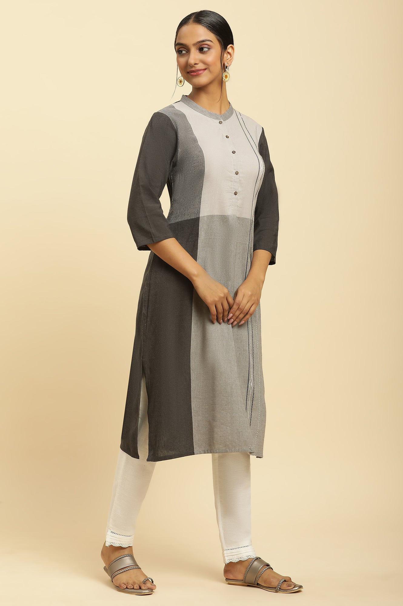 W for Woman Grey Printed Button Down Kurta