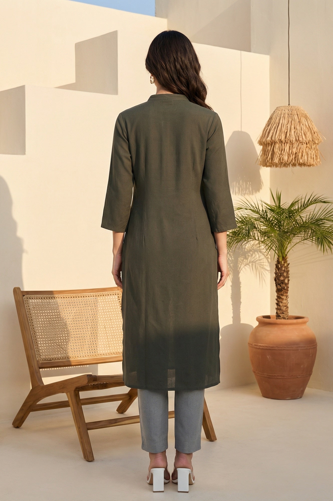 W for Woman Grey Colourblock Button Down Straight Dobby Kurta