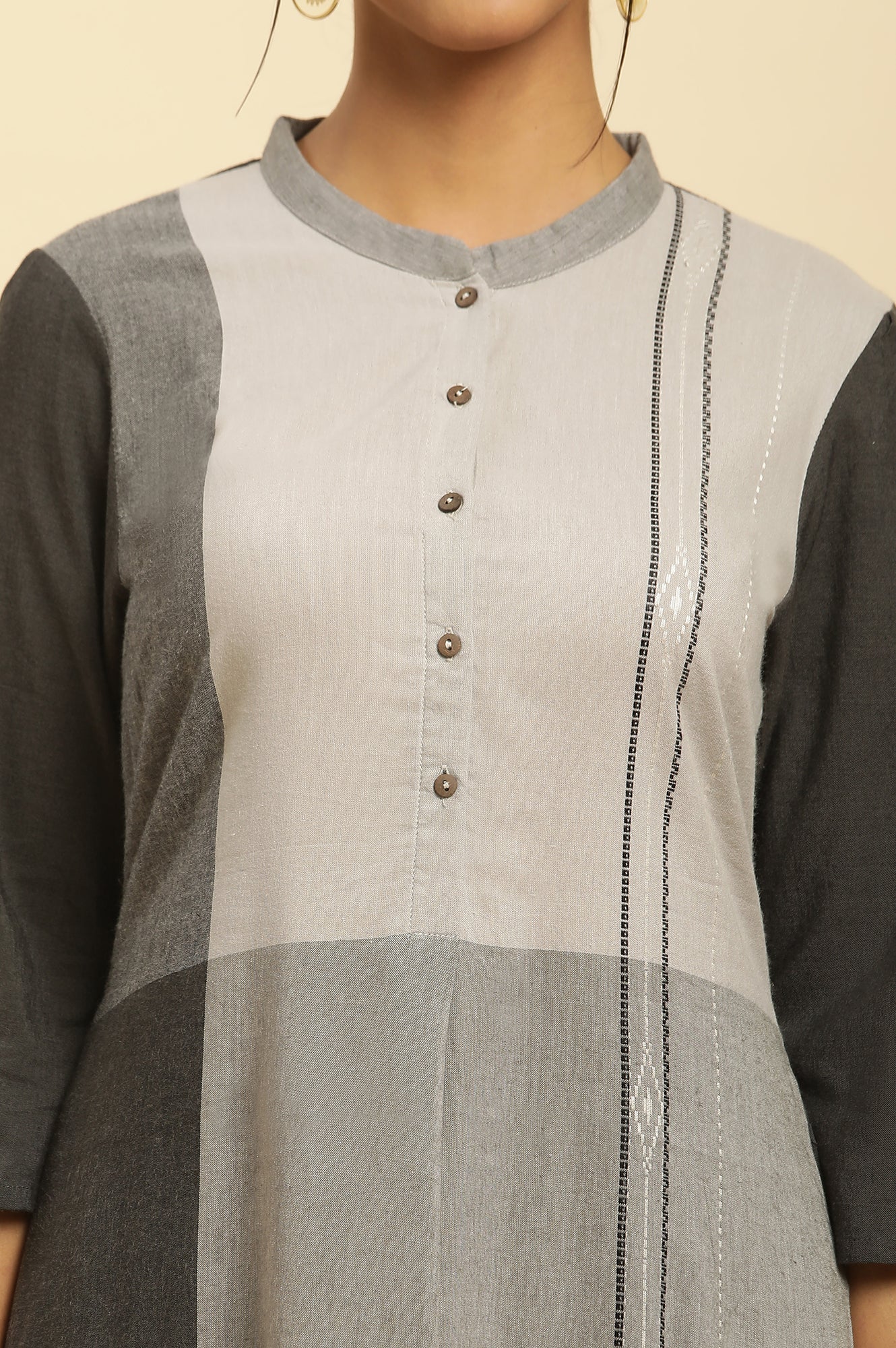 W for Woman Grey Printed Button Down Kurta