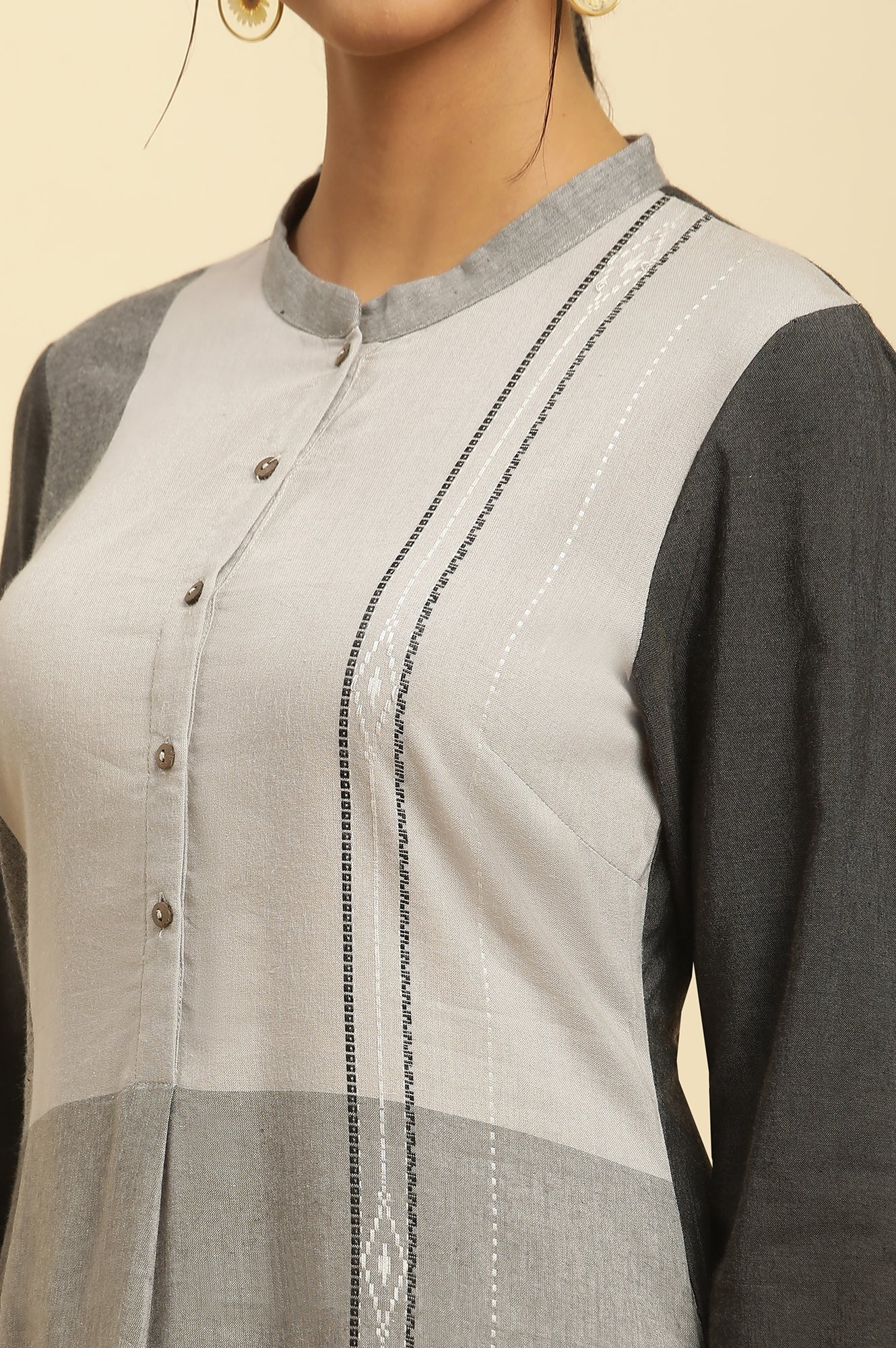 W for Woman Grey Printed Button Down Kurta