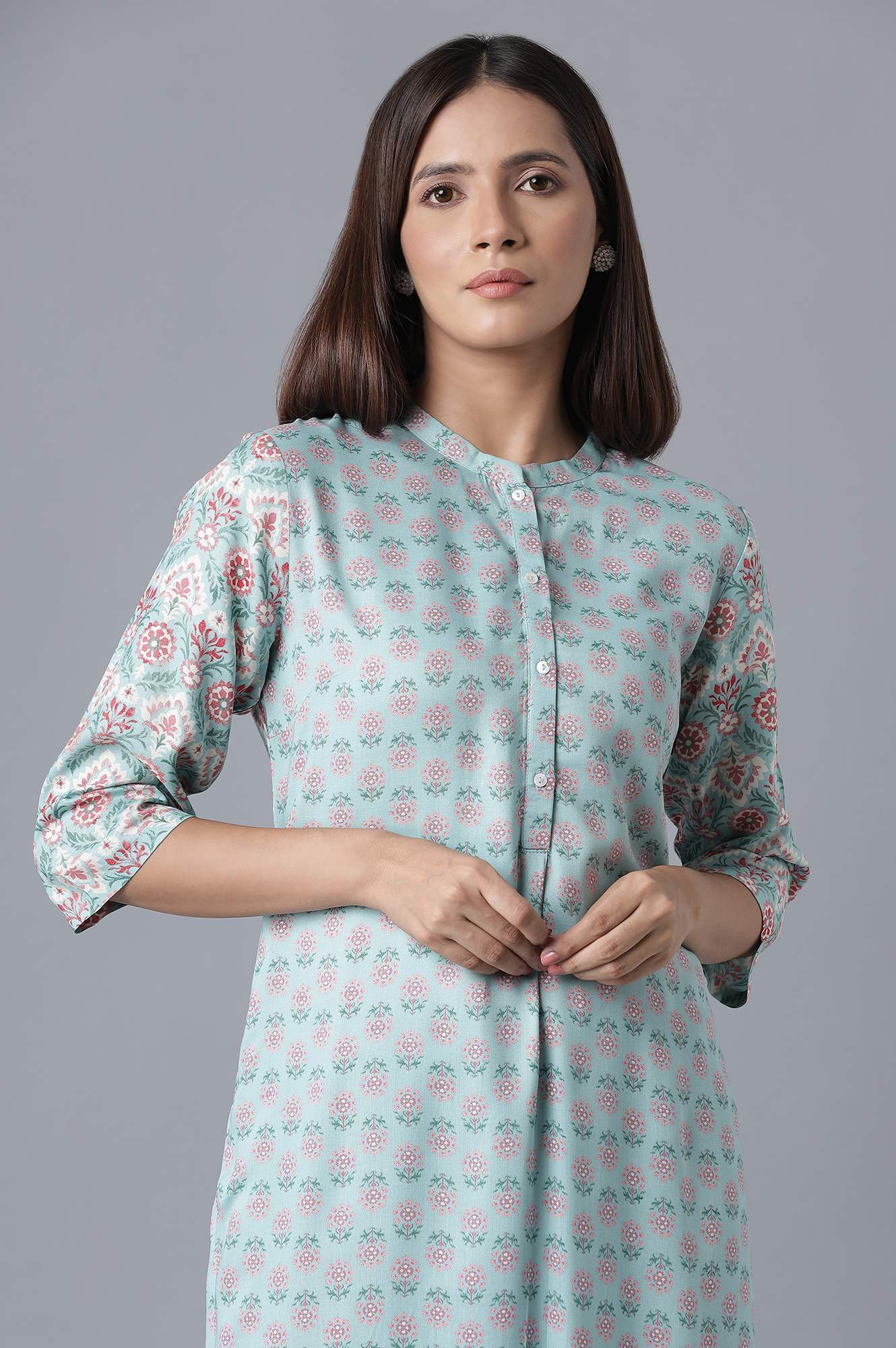 W for Woman Blue Printed Button Down kurta