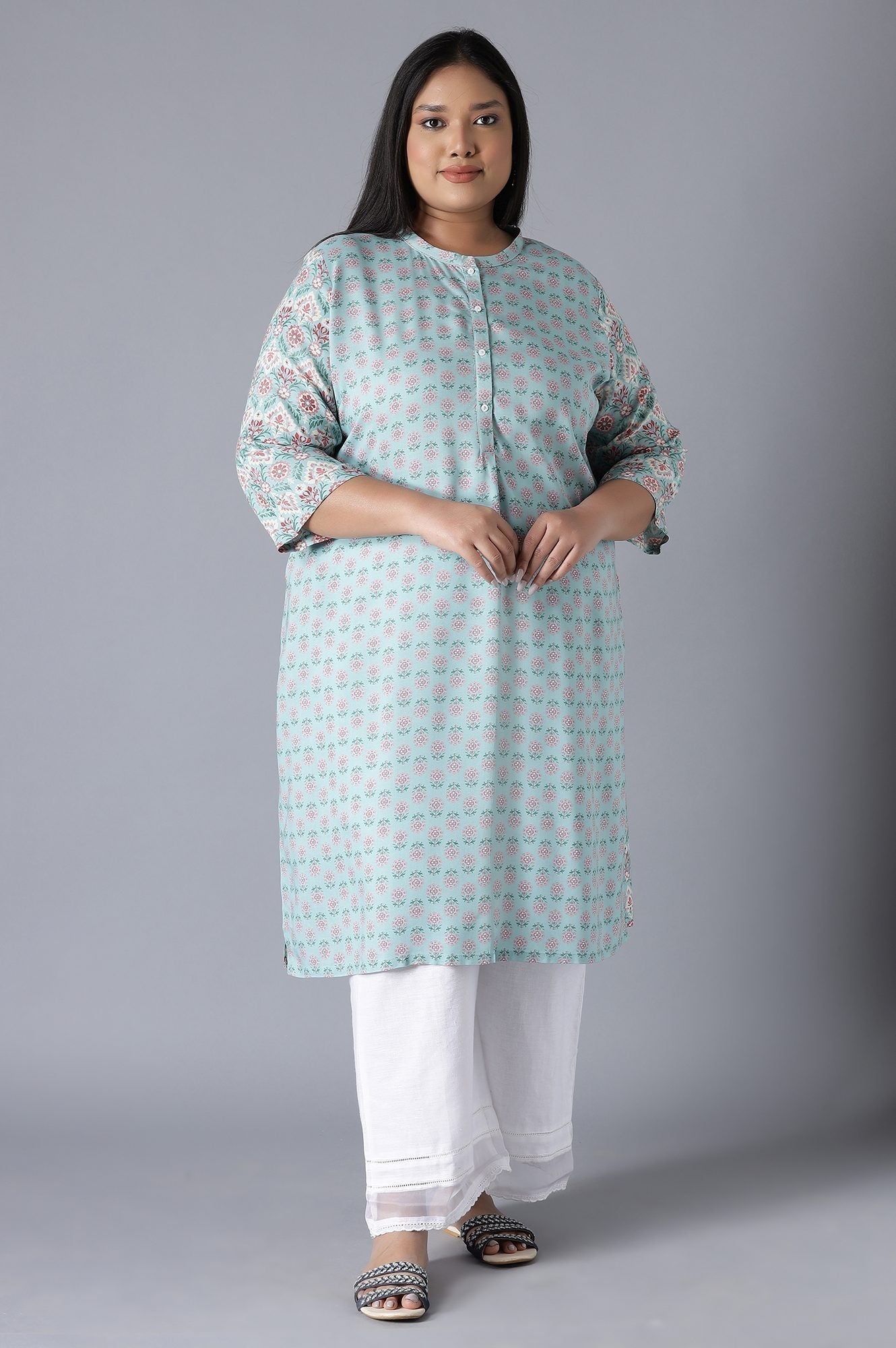 W for Woman Blue Printed Button Down kurta