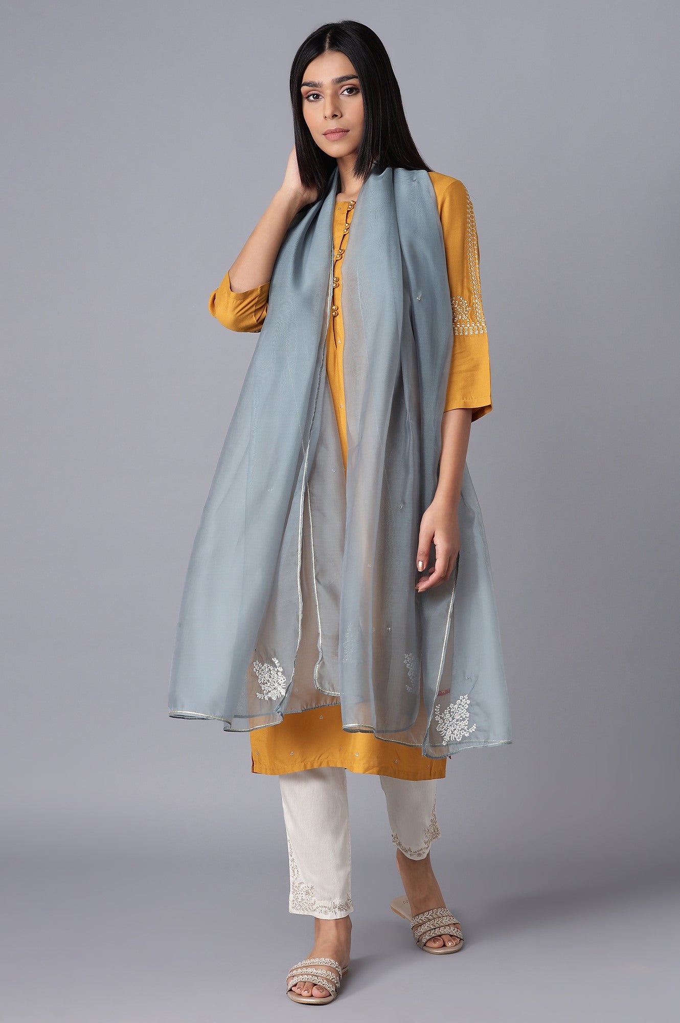 W for Woman Blue Embroidered Organza Dupatta
