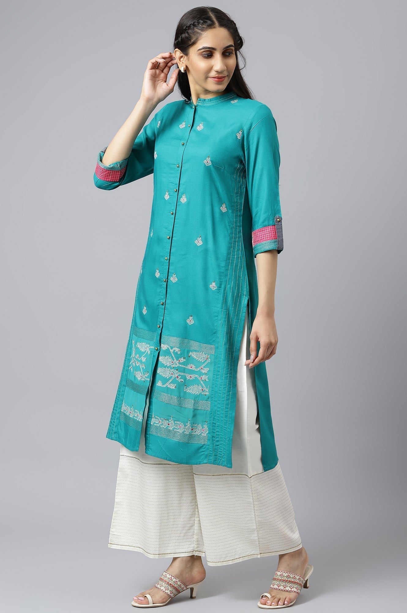 W for Woman Teal Embroidered Kurta Set