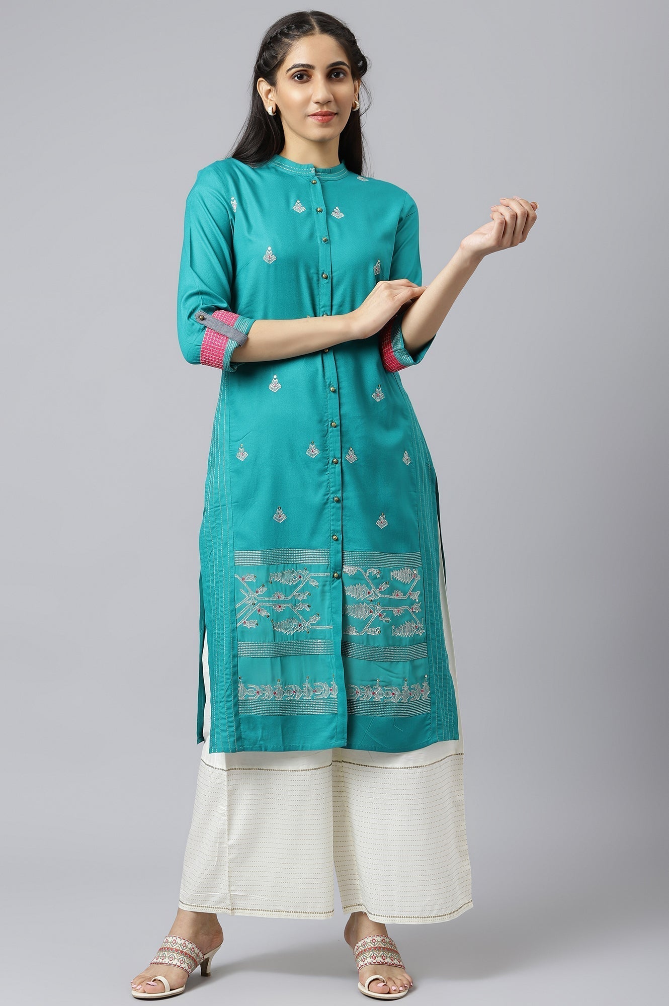 W for Woman Teal Embroidered Kurta Set