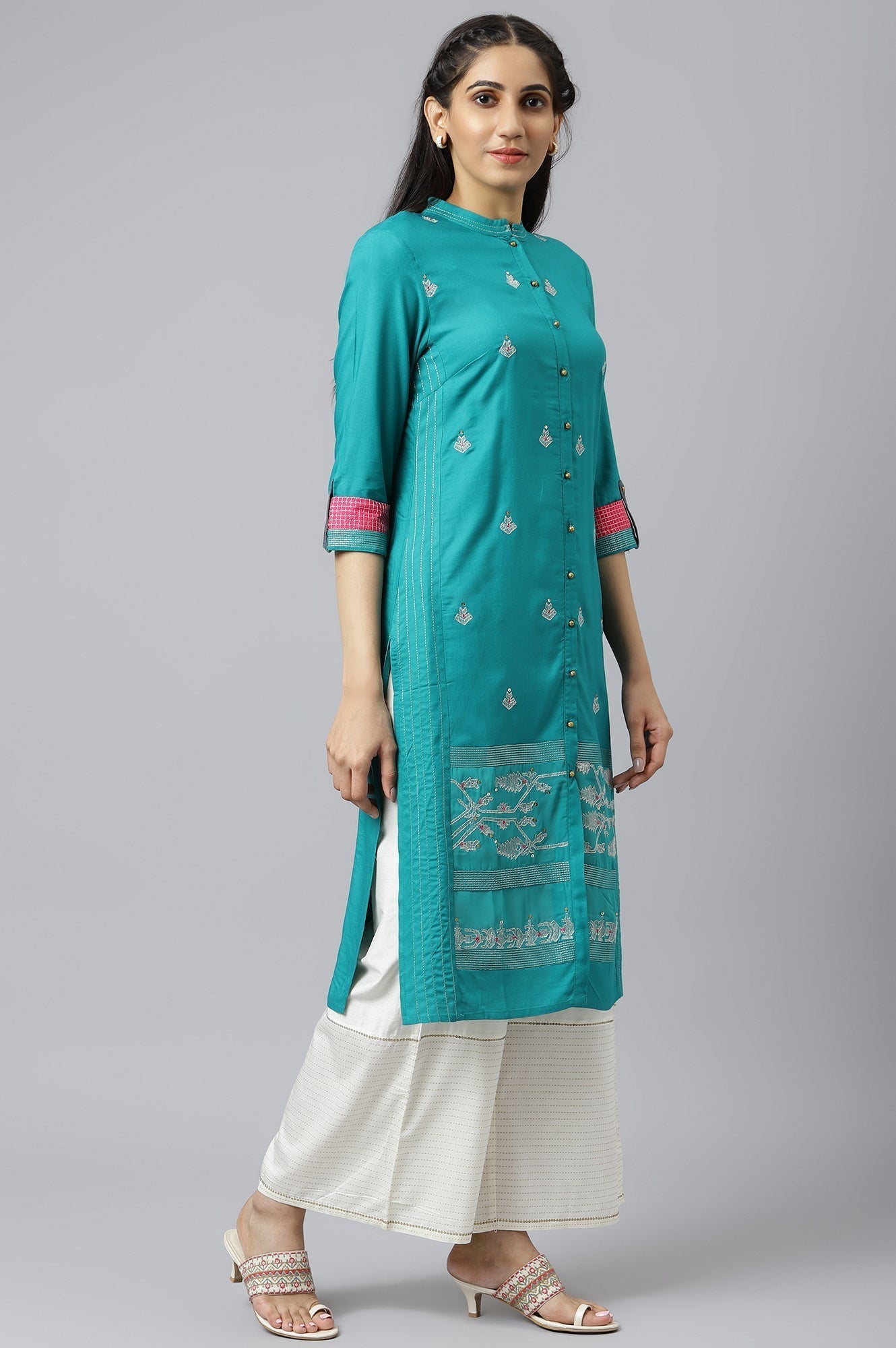 W for Woman Teal Embroidered Kurta Set