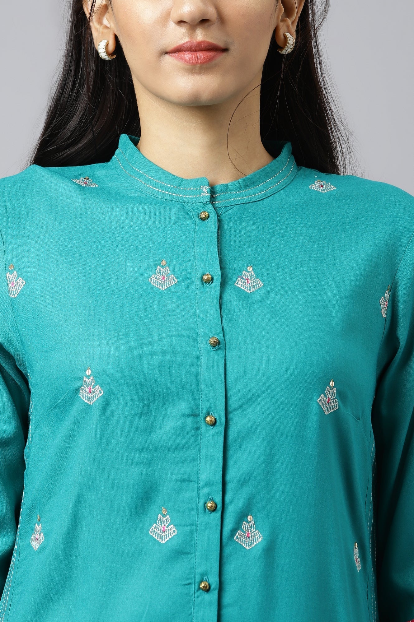 W for Woman Teal Embroidered Kurta Set