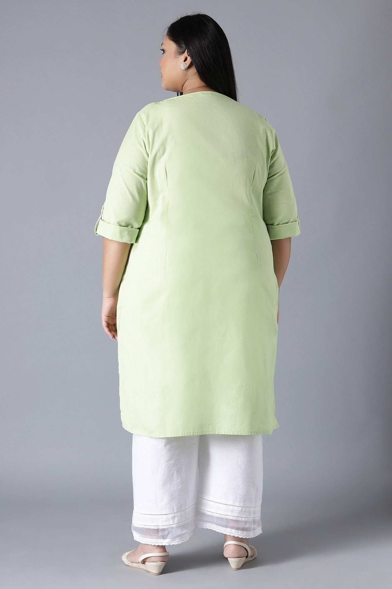 W for Woman Green Round Neck Solid kurta