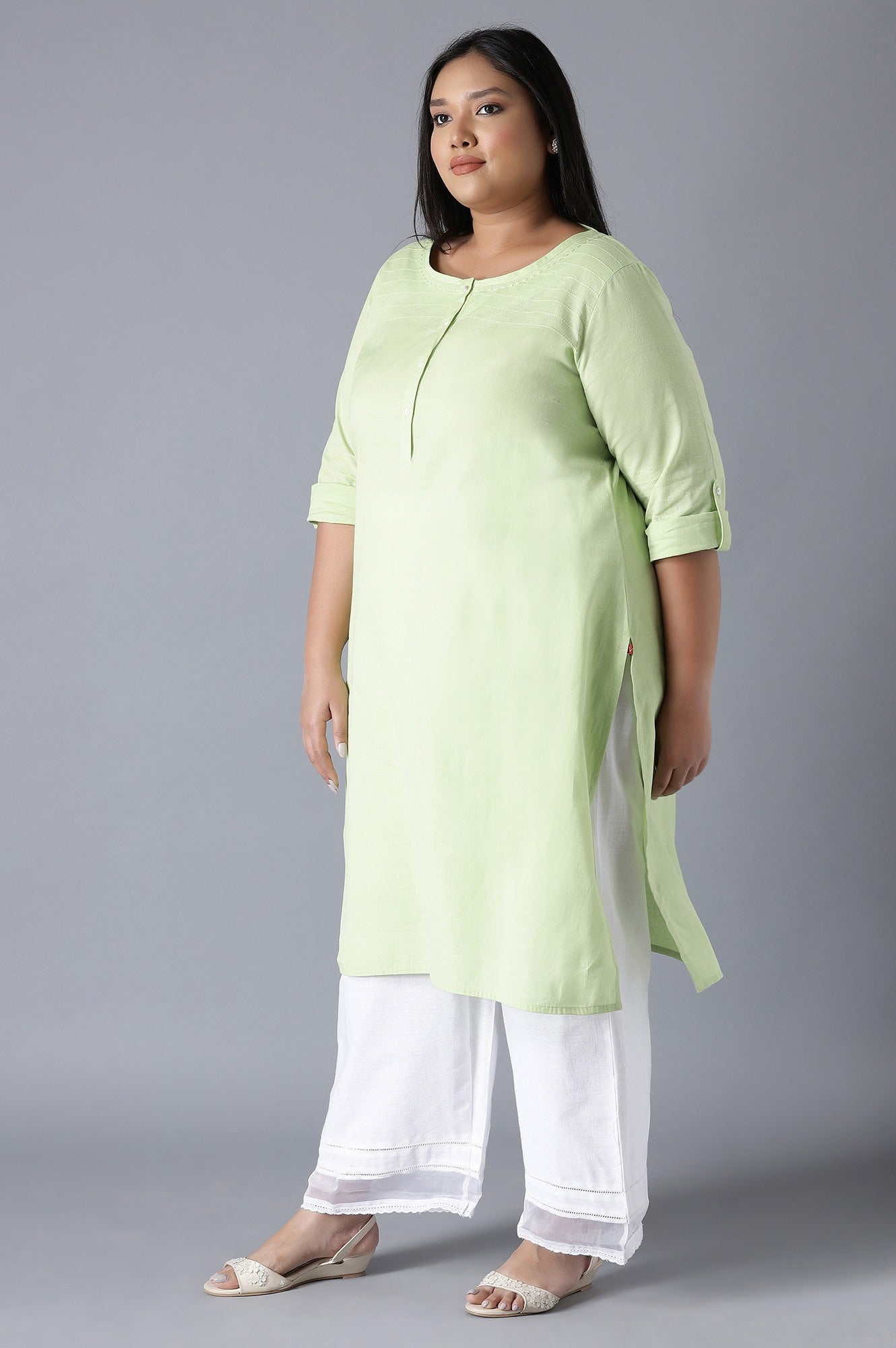W for Woman Green Round Neck Solid kurta