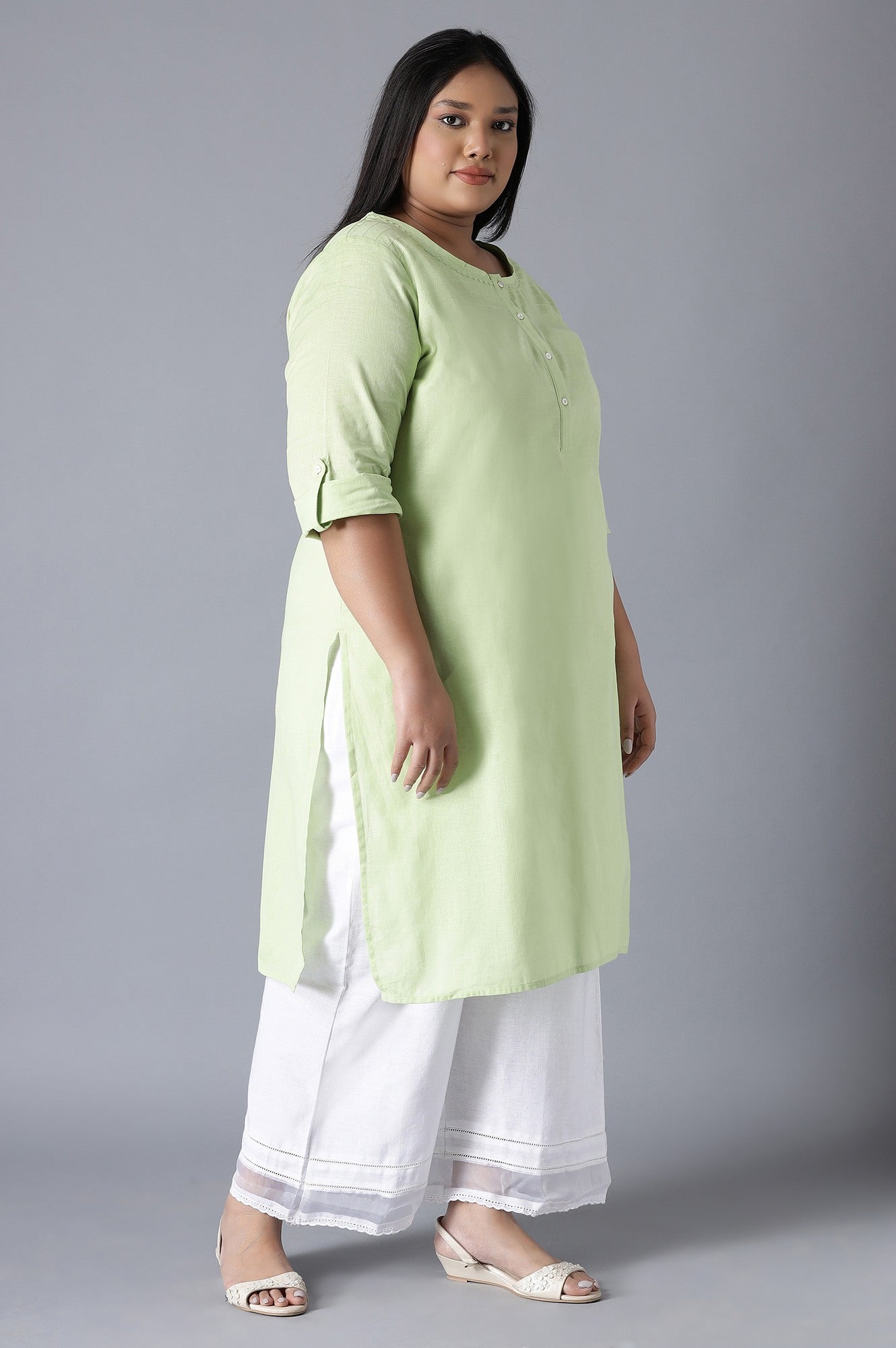 W for Woman Green Round Neck Solid kurta