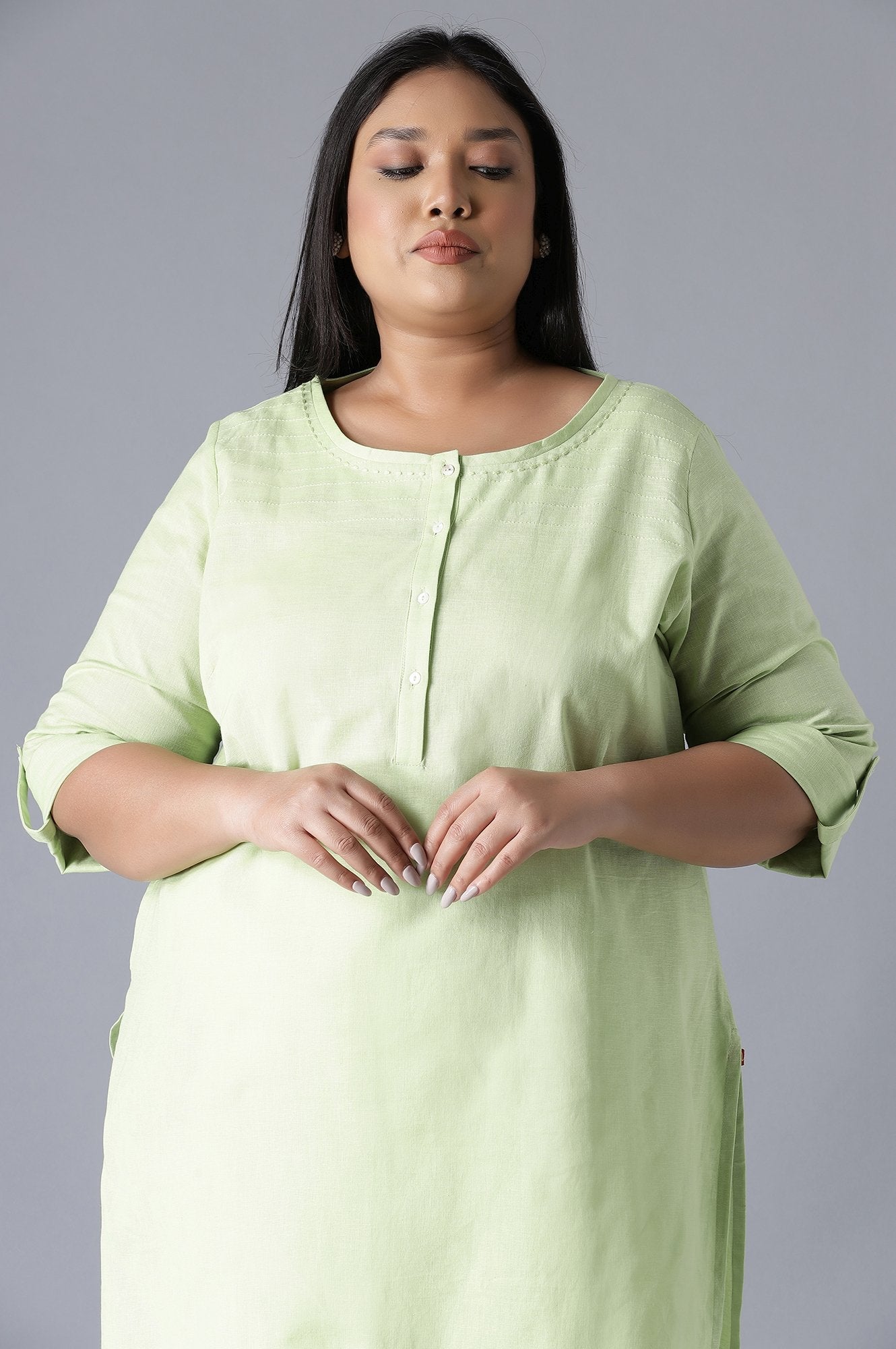 W for Woman Green Round Neck Solid kurta
