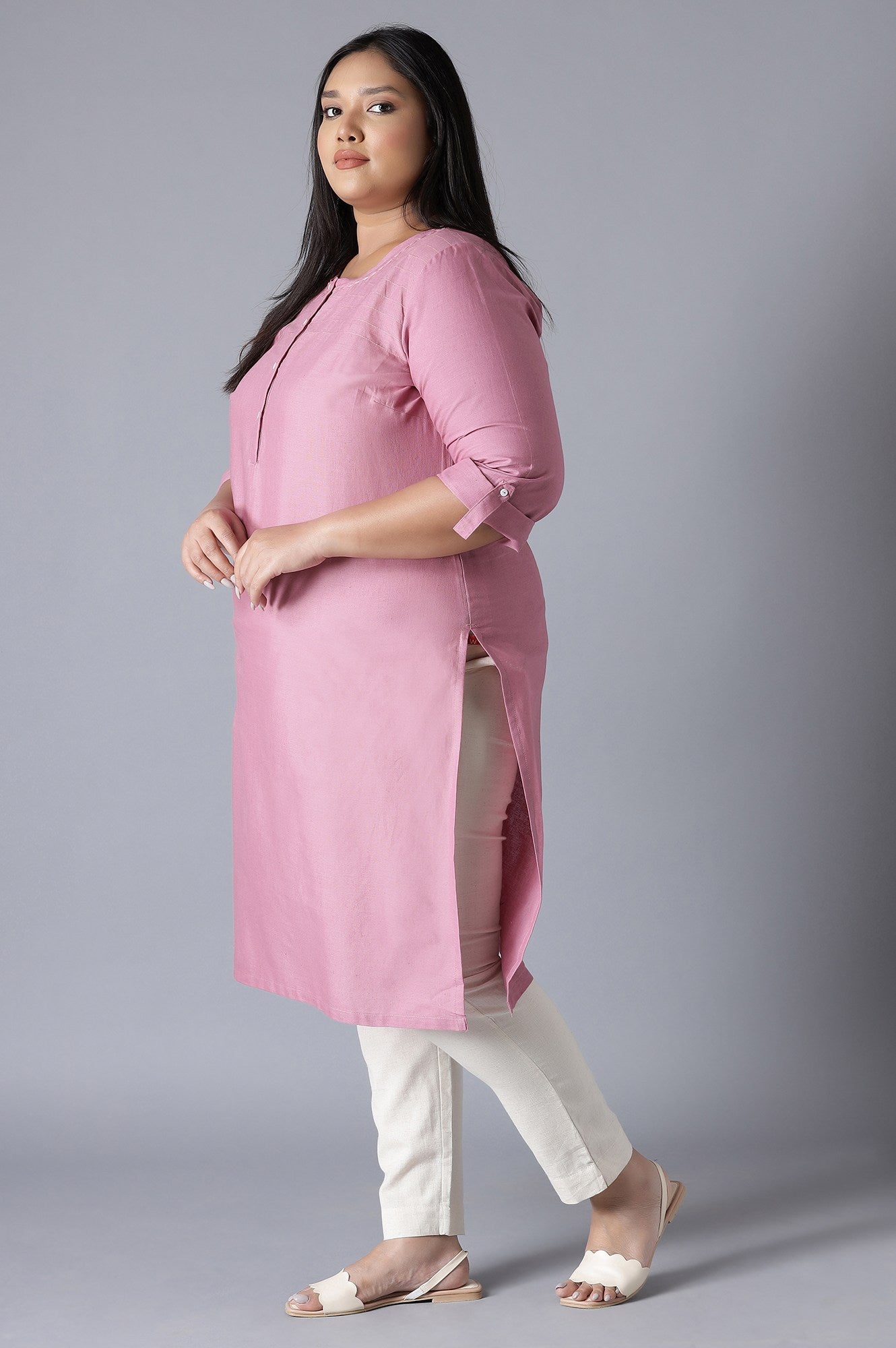 W for Woman Mauve Round Neck Solid kurta