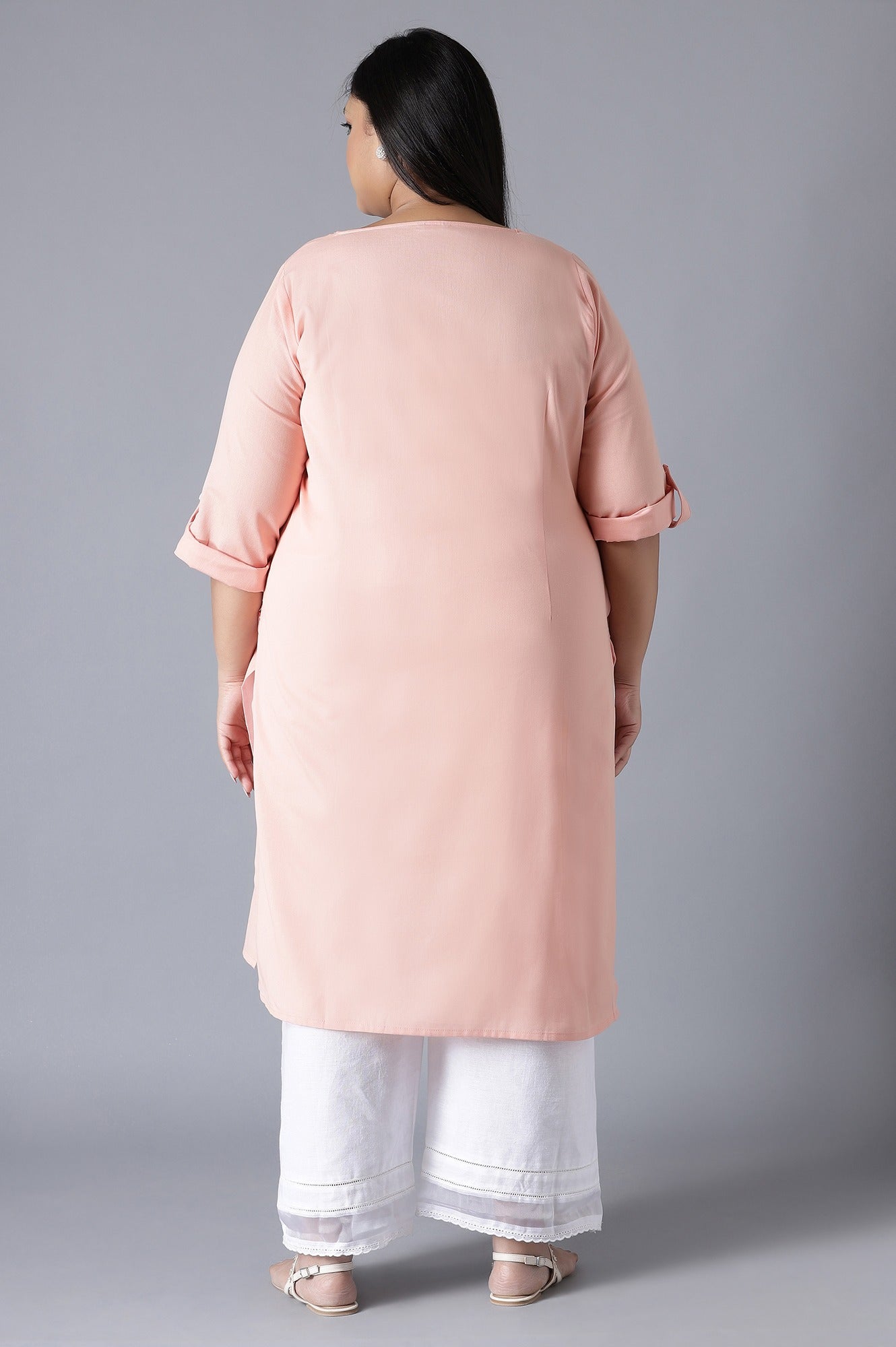 W for Woman Peach Round Neck Solid kurta