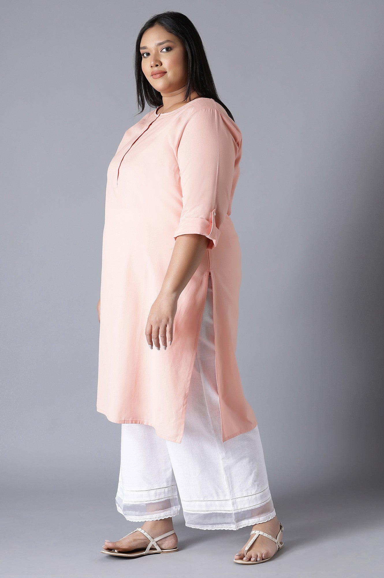 W for Woman Peach Round Neck Solid kurta