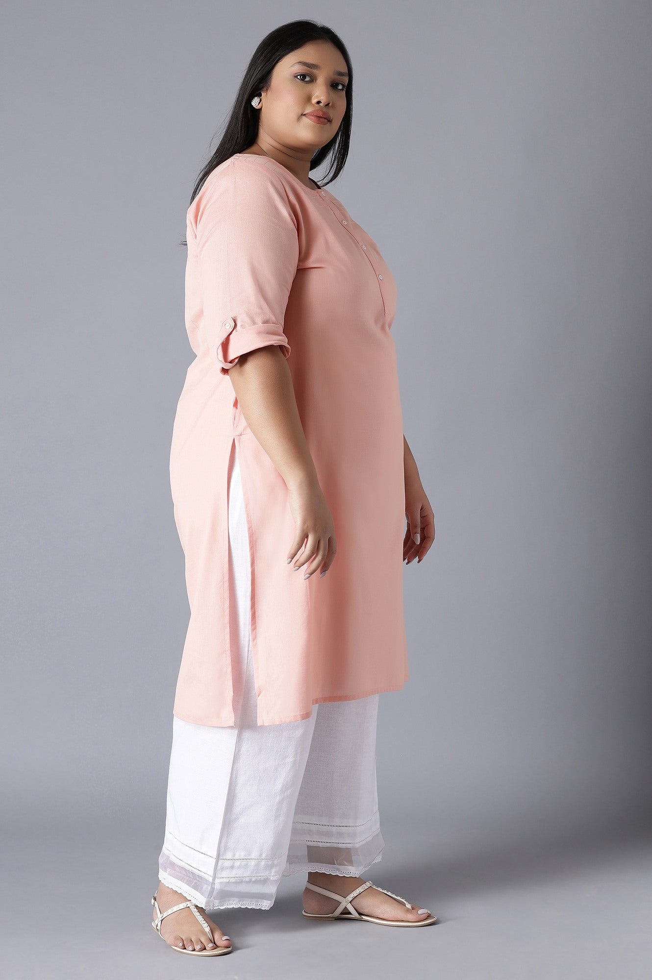 W for Woman Peach Round Neck Solid kurta