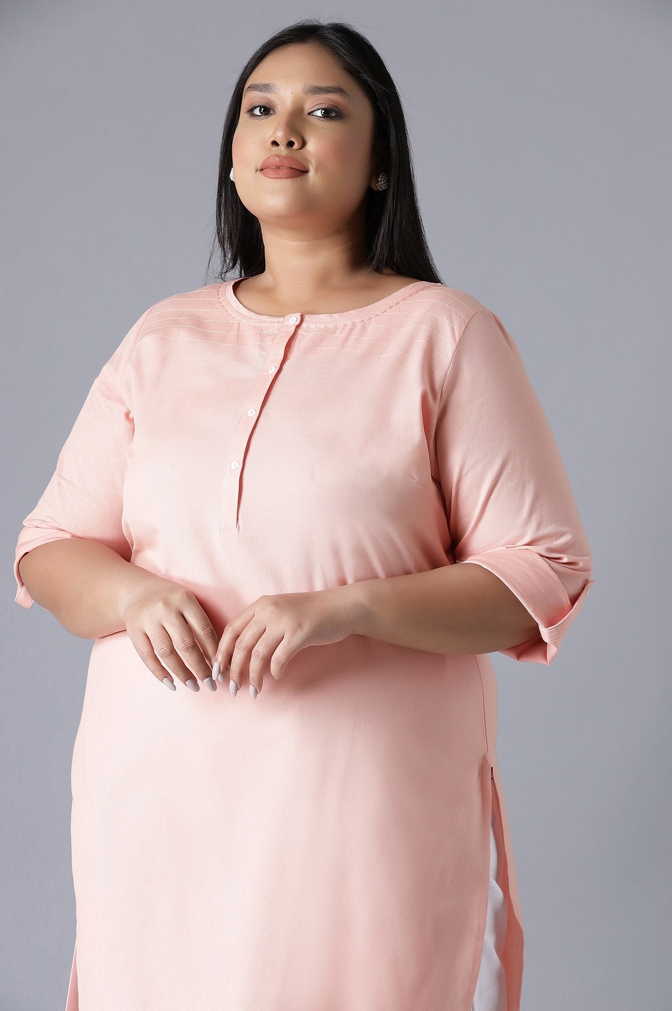 W for Woman Peach Round Neck Solid kurta