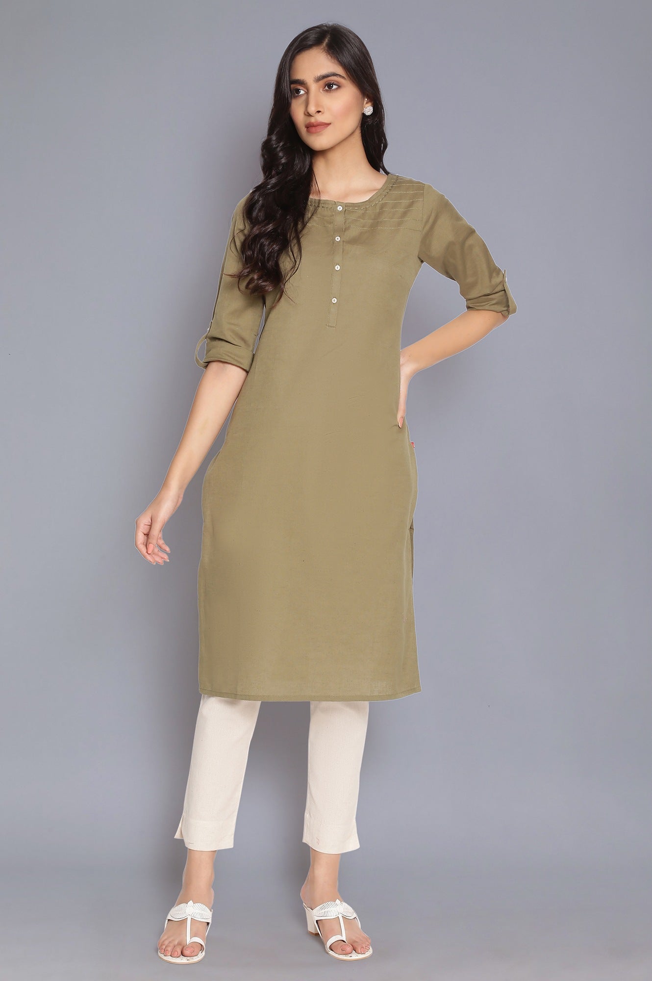 W for Woman Green Round Neck Solid kurta