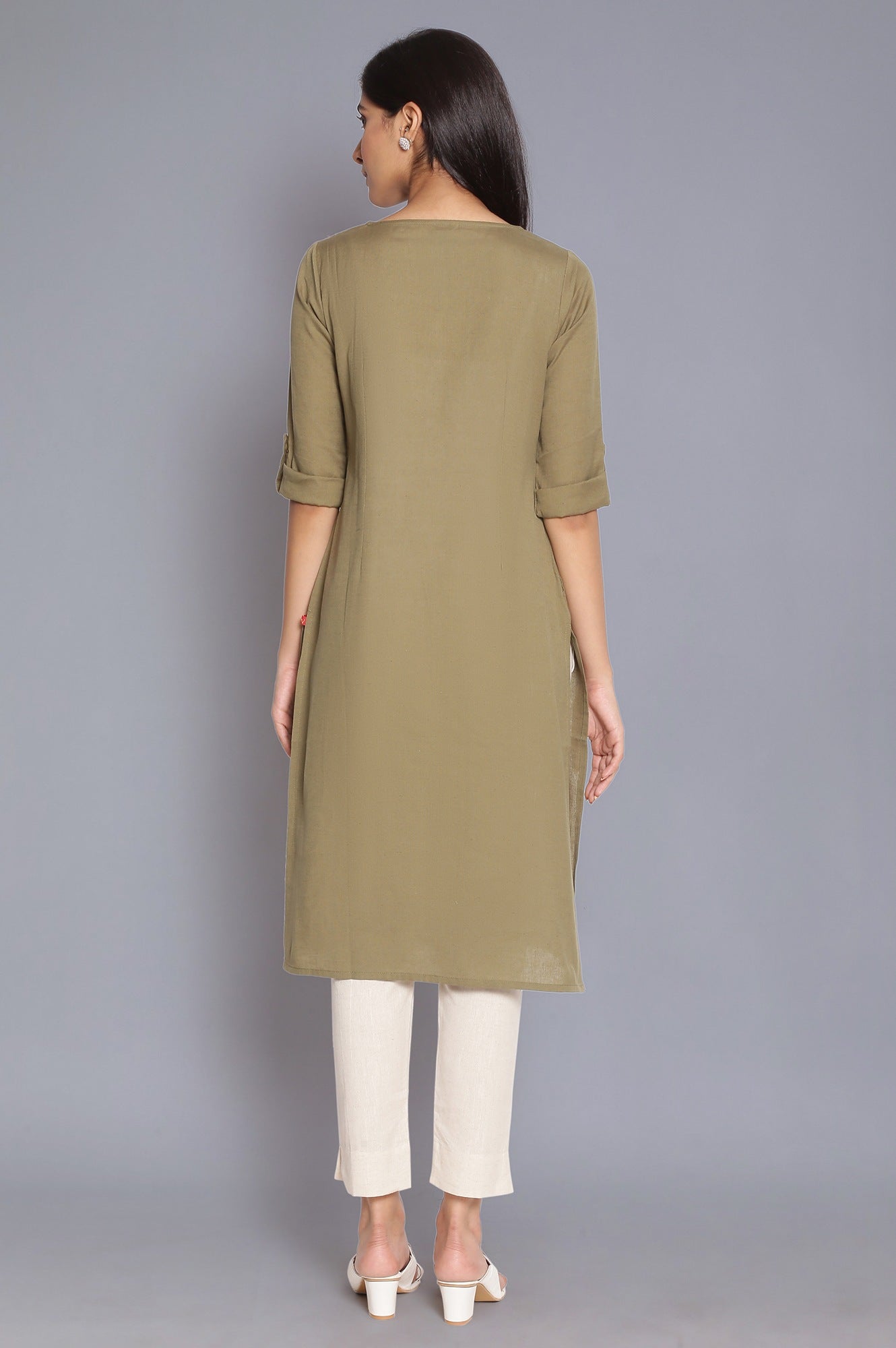 W for Woman Green Round Neck Solid kurta