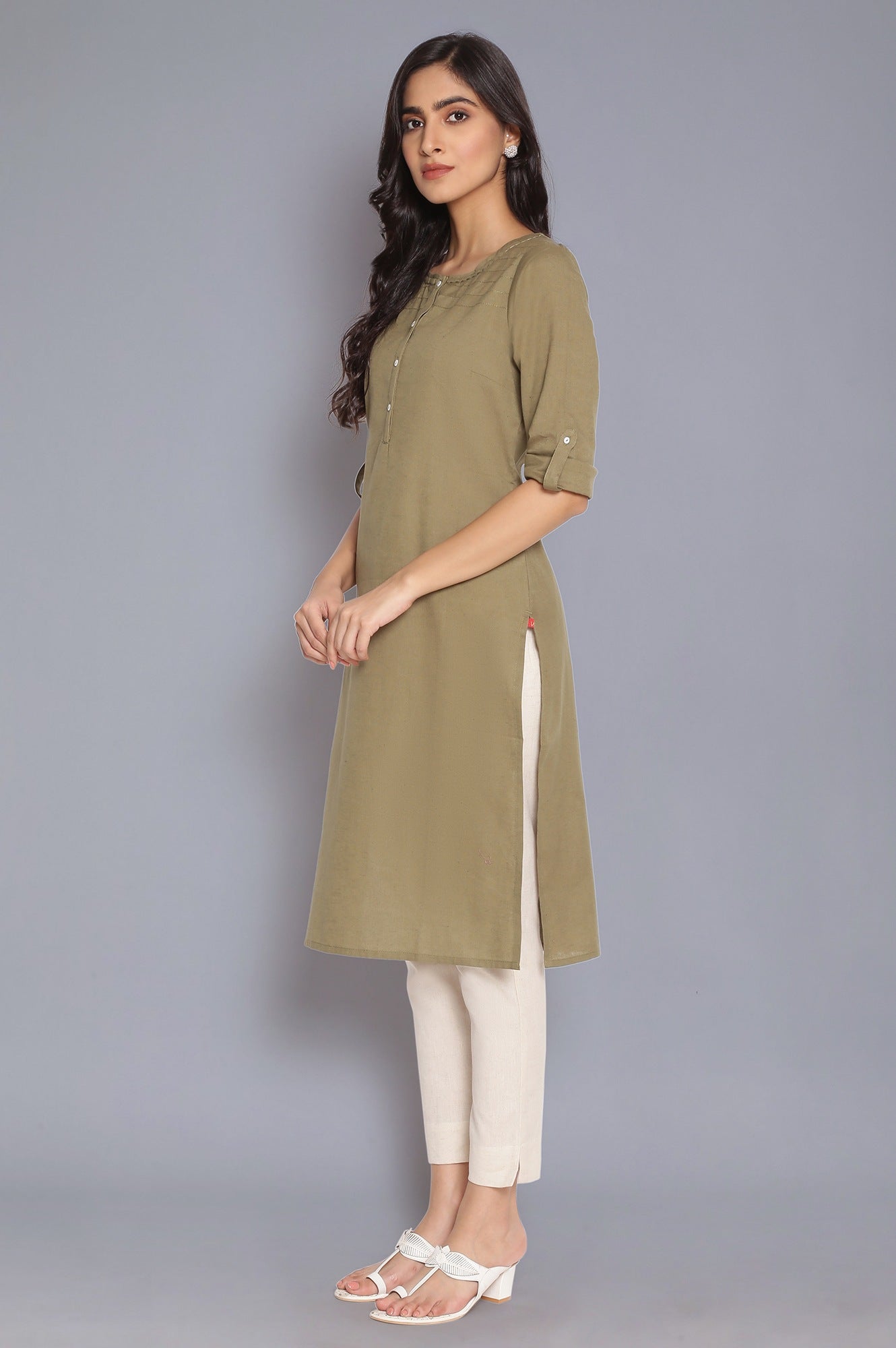 W for Woman Green Round Neck Solid kurta