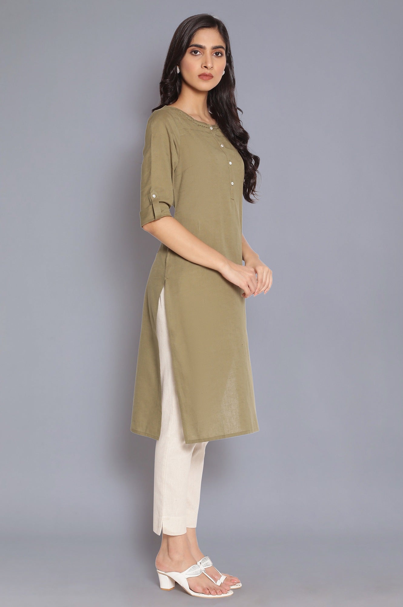 W for Woman Green Round Neck Solid kurta