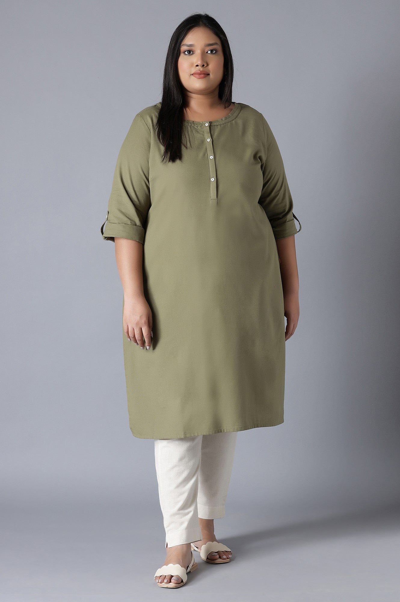 W for Woman Green Round Neck Solid kurta